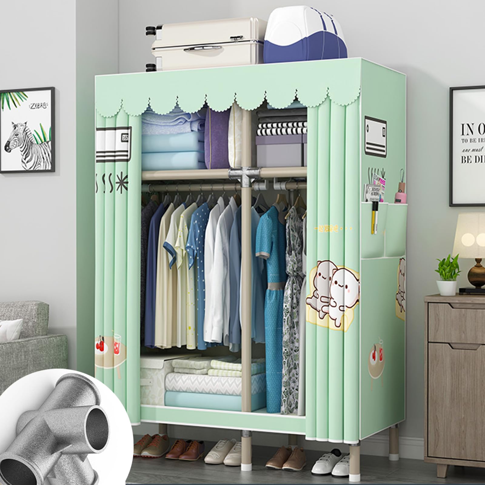 Canvas Kleiderschrank, Stoff-Kleideraufbewahrung mit Regalen und Kleiderstange, tragbarer Kleiderschrank mit Seitentaschen für Schlafzimmer und Wohnzimmer