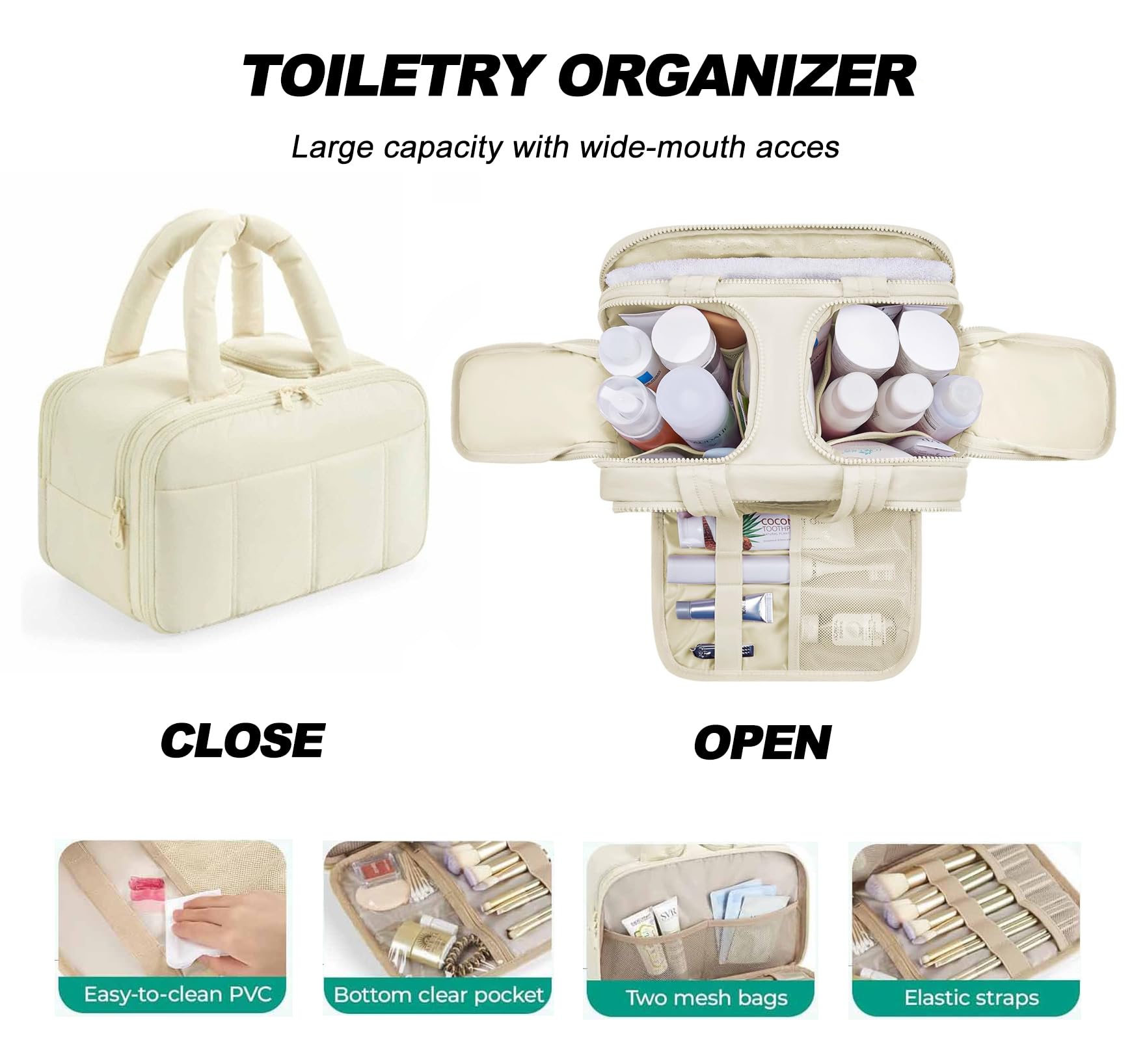 Neceser de viaje hinchado para mujer, organizador de cosméticos ligero con compartimentos y asa para húmedo y seco, bolsa de maquillaje grande para artículos esenciales, Beige, Neceser de