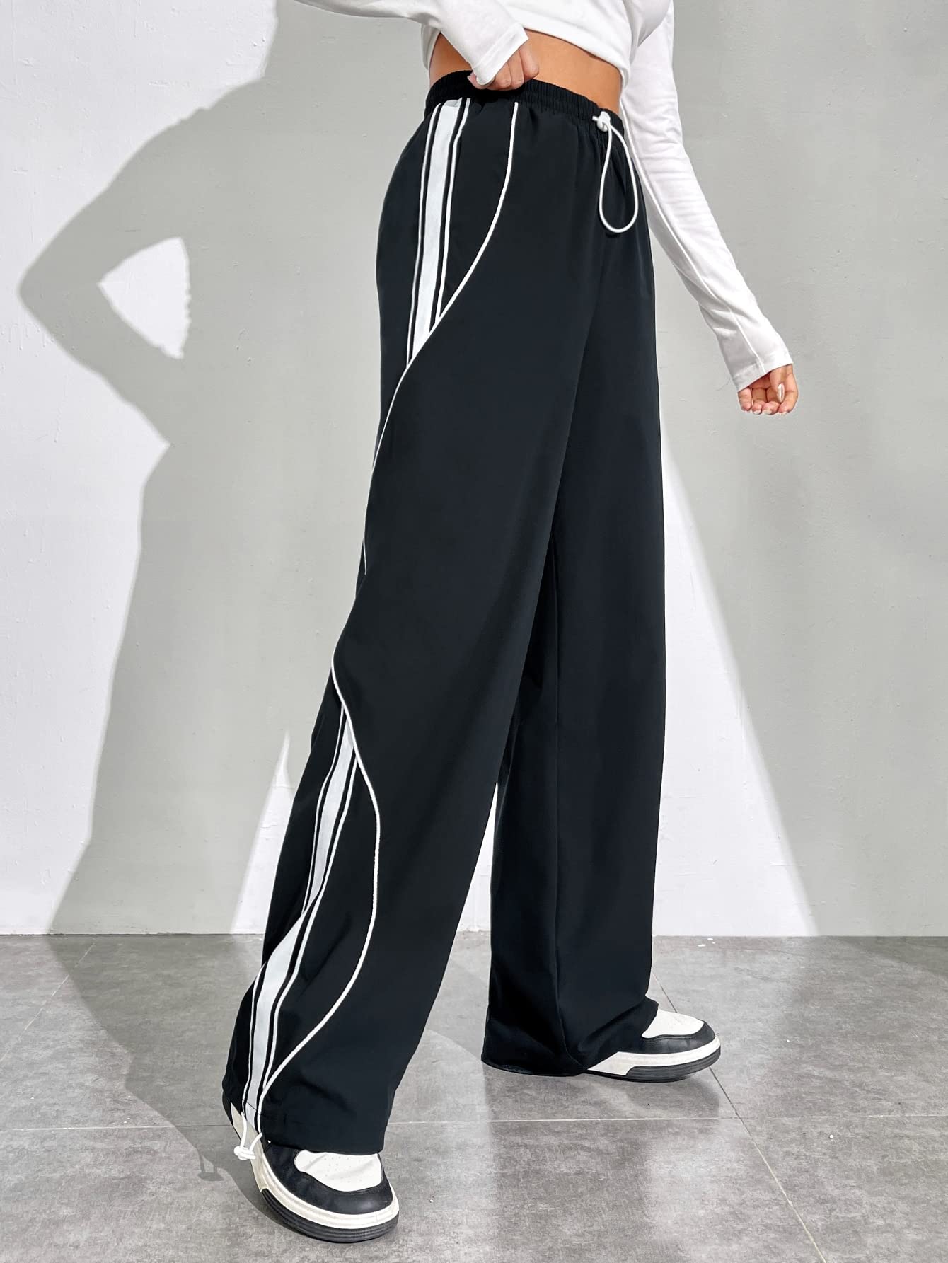 REDESYN Pants for Women Womens Pant Contrast Piping Drawstring Waist Wide Leg Pants Pants Color Black Size X-Small