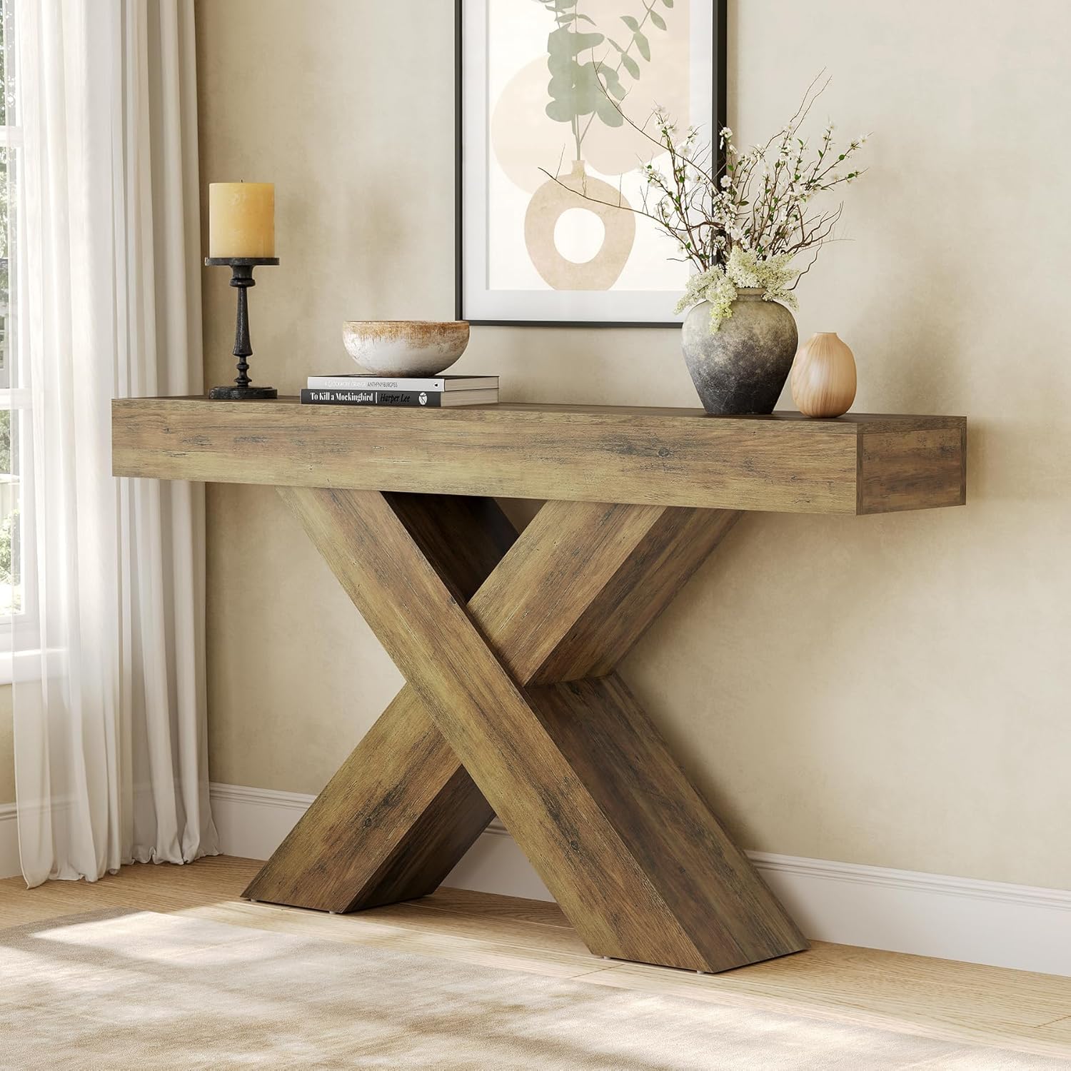 Tribesigns Consola Estrecha De 140 Cm, Estilo Rústico, para Entrada, Mesa De Centro En Forma De X Detrás del Sofá, Ideal para Salón, Entrada, Recibidor O Pasillo, Color Marrón Rústico