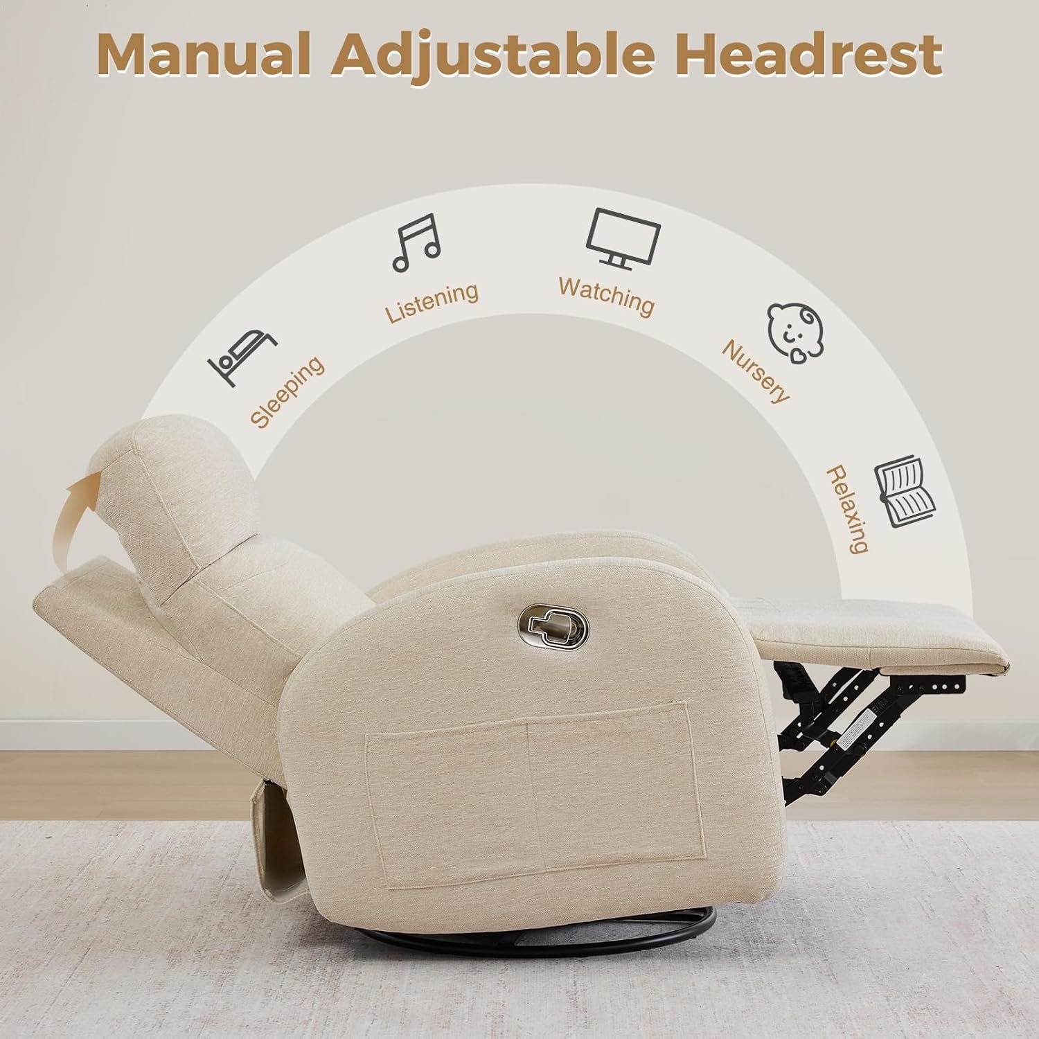 Swivel Rocker Recliner, Manual Swivel Recliner with Adjustable Headrest, Glider Rocking Reclining Nursery Chairs for Small Space, Living Room, Bedroom, Chenille Camel