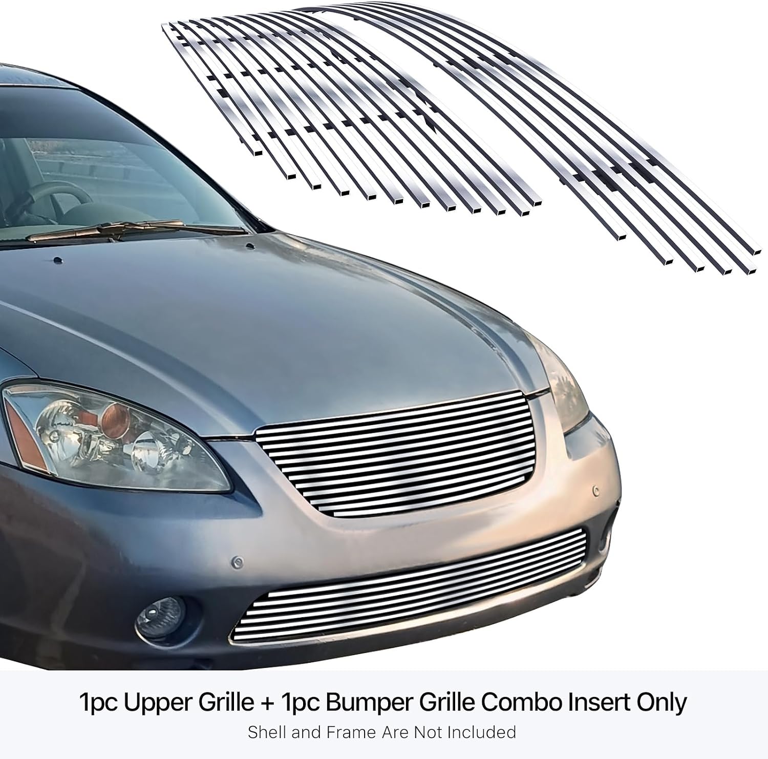 APS Compatible with Nissan Altima 2002-2004 Main Upper Lower Bumper Chrome Billet Front Grill Grille Insert Combo N87991A