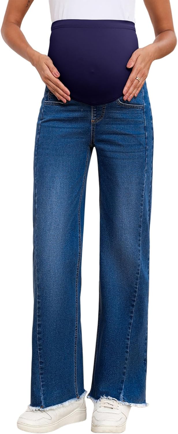 BLENCOT Maternity Jeans for Women Straight Leg Stretchy Denim Ripped Pregnancy Boyfriend Jean