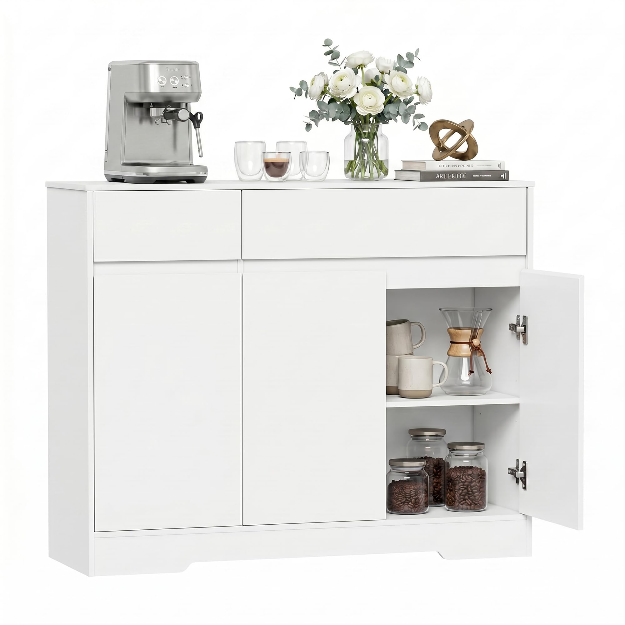 YOUDENOVA Sideboard 100 cm with 2 drawers, 3 doors and shelves, white | Adjustable Shelves, Large Storage for Dishes and Utensils, Ideal for Kitchen, Dining Room or Living Room