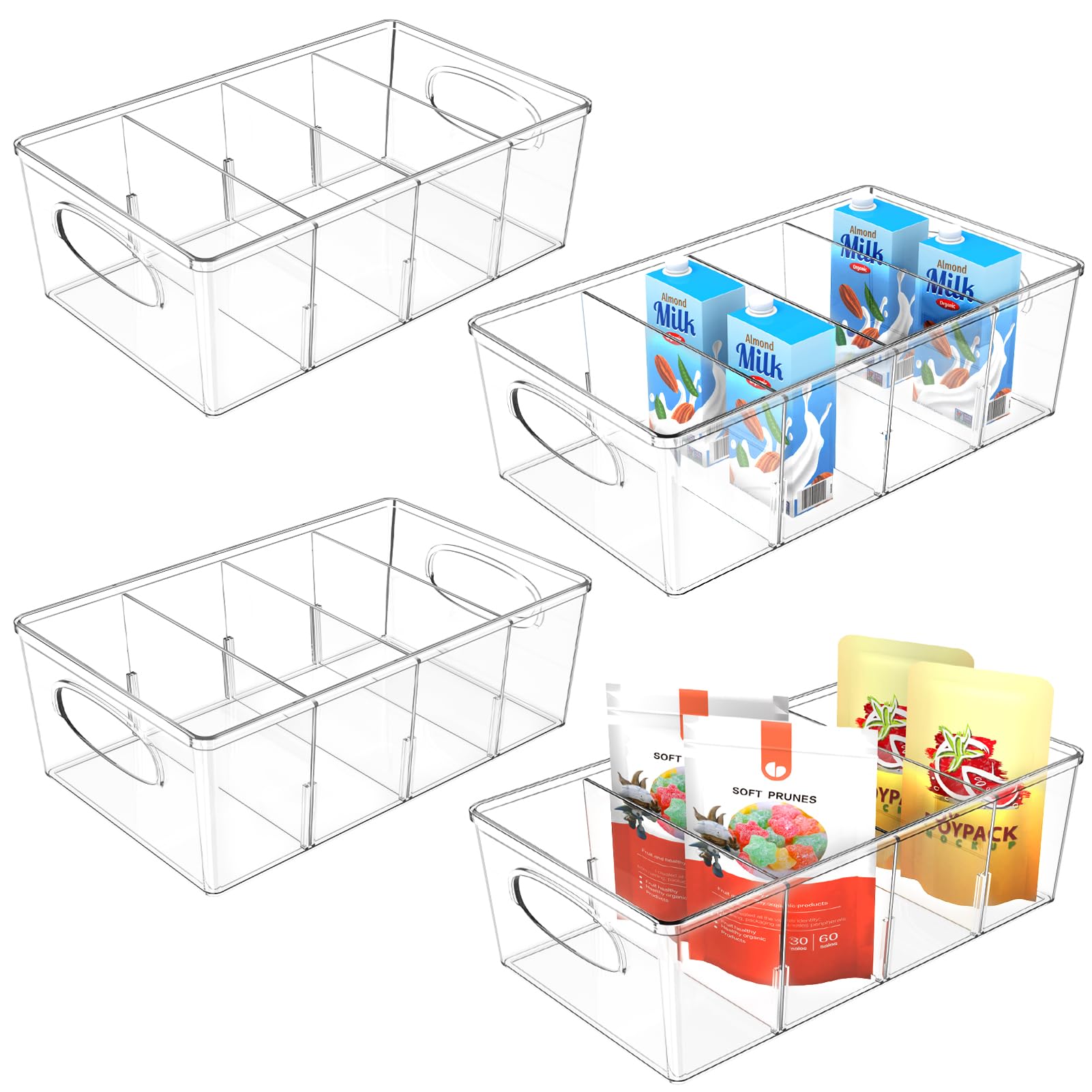 SPACEKEEPER Clear Storage Organizer Bins 4 Pack Plastic Pantry Organization and Storage Baskets with Removable Dividers, Stackable Cabinet Containers for Kitchen, Fridge, Countertops