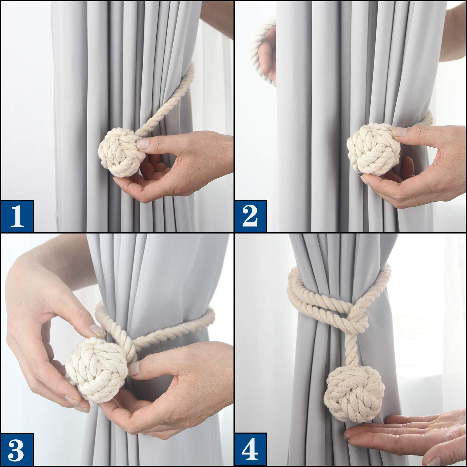 Lot de 4 embrasses à rideaux en corde de coton faites à la main - Accessoires de décoration pour rideaux, salon, bureau, fenêtre - Aucun outil nécessaire - Beige