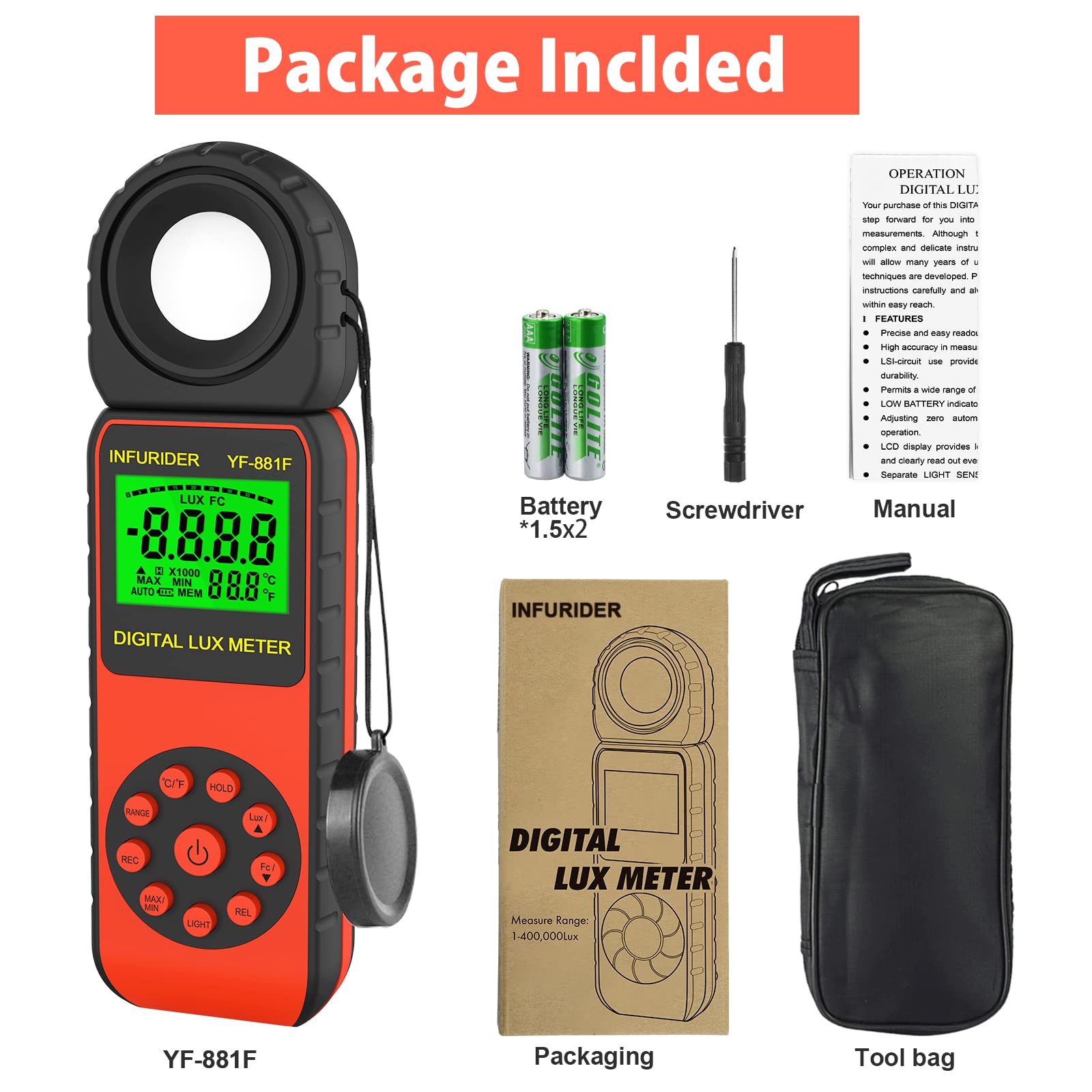 Luxmètre Numérique Luminomètre，INFURIDER YF-881F Luxmetre avec 0.01-400,000Lux，Photomètre avec Détecteur Rotatif à 270° pour Eclairage LED, Plantes, Photographie