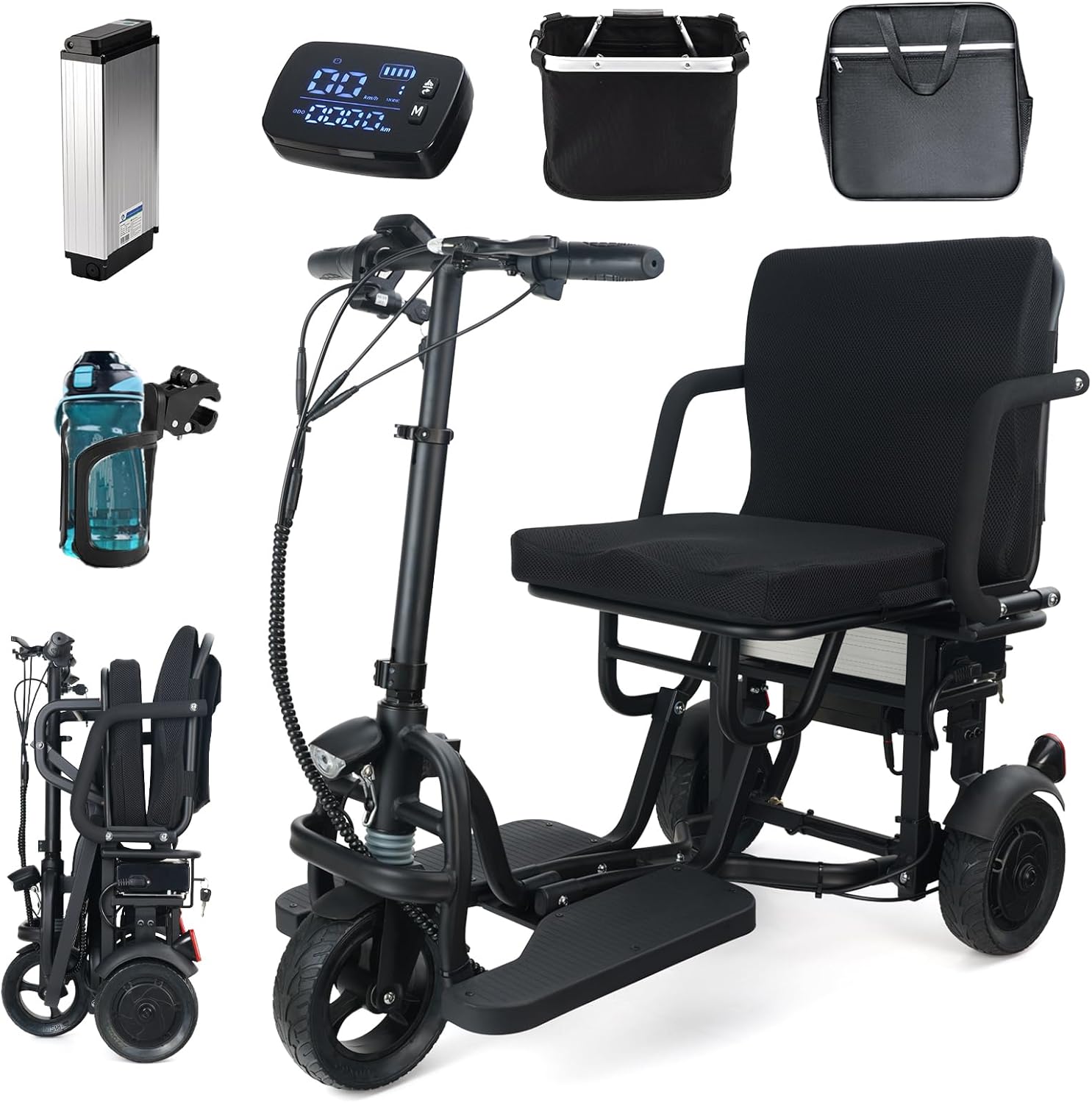 20 Miles Electric Powered Mobility Scooter, 48Lbs Ultra Lightweight Folding Mobility Scooters for Adults, Portable 3 Wheel Travel Mobility Scooters for Seniors with Basket & Cup Holde, Dust Cover