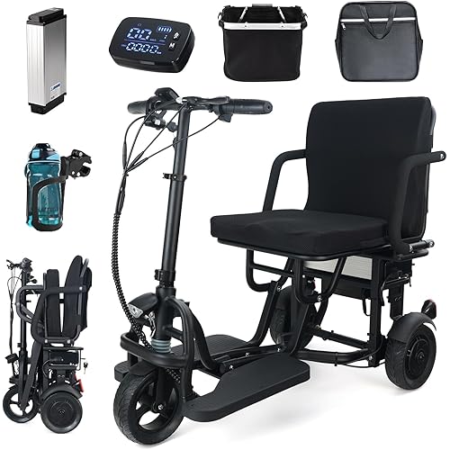 20 Miles Electric Powered Mobility Scooter, 48Lbs Ultra Lightweight Folding Mobility Scooters for Adults, Portable 3 Wheel Travel Mobility Scooters for Seniors with Basket & Cup Holde, Dust Cover
