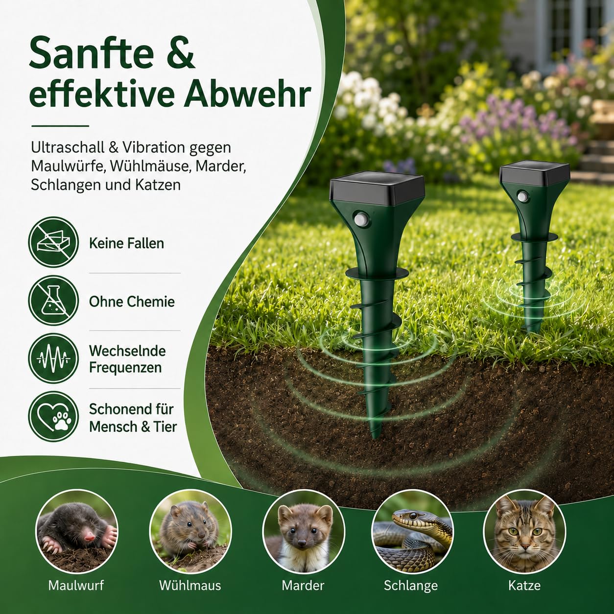 MEKEET Set di 4 repellenti a energia solare per talpe, a ultrasuoni e vibrazioni, per allontanare arvicole, per giardino, prato e aiuole, IP65