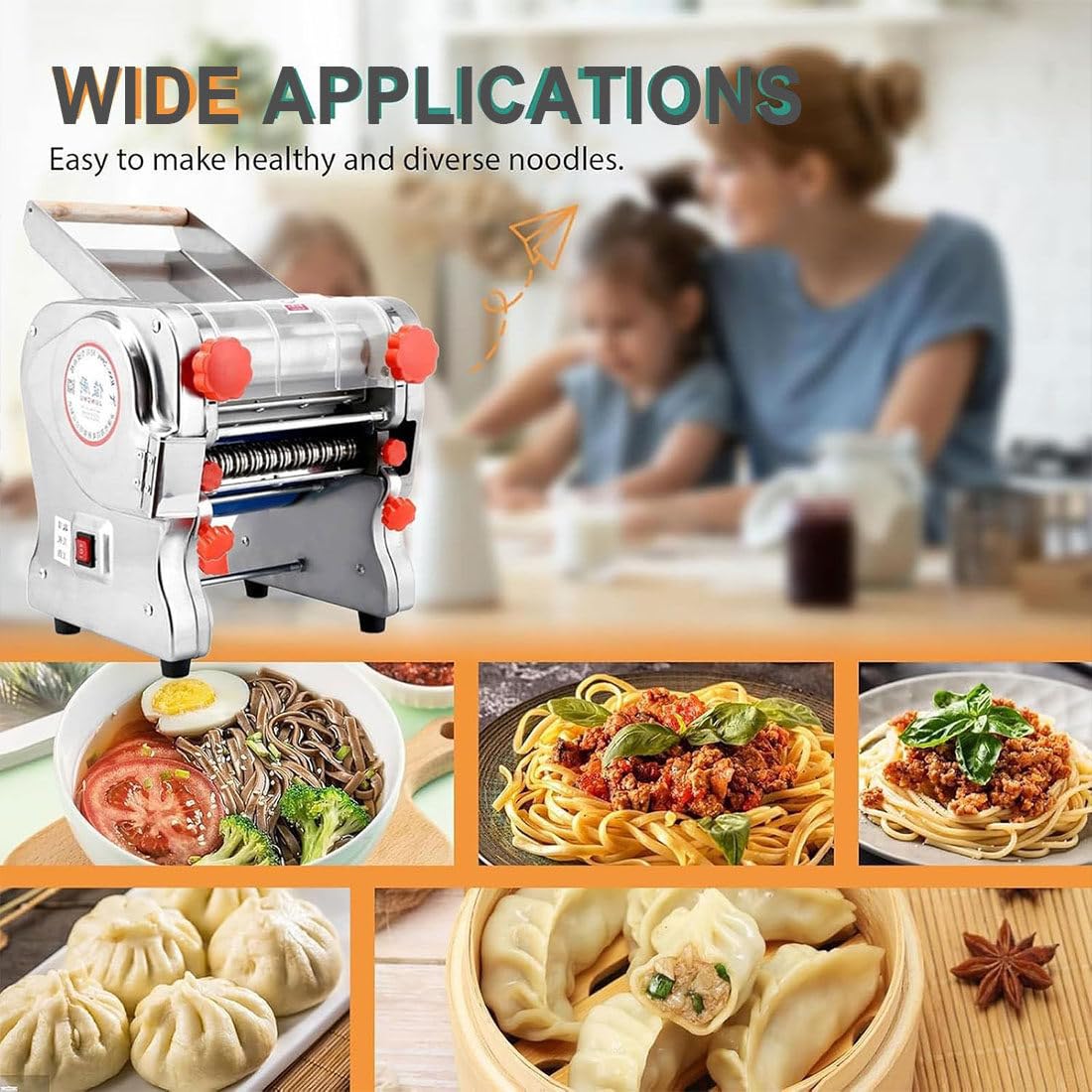 Máquina para hacer pasta de acero inoxidable, rodillo eléctrico de 550 W, cortador de masa resistente, laminador de masa para empanadillas, para uso doméstico y en restaurantes.