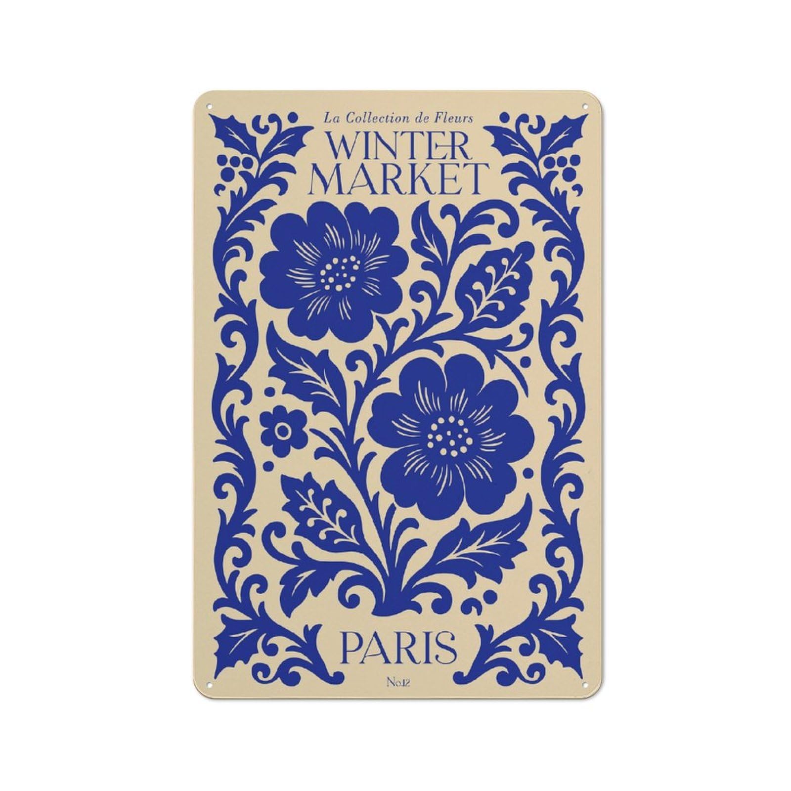 Junmoney Style-13 Understated Blue Floral Winter Market Paris Metal Wall Plaque 30X20cm, Creative Space Decor For Office, Study, Studio Or Hallway