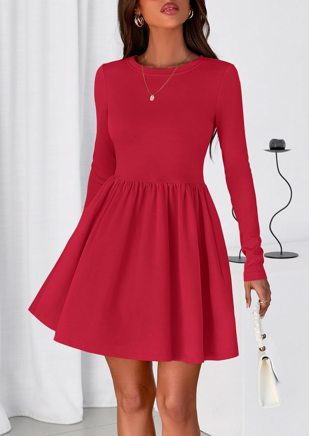 PRETTYGARDEN Women's Long Sleeve Mini Dresses 2026 Spring Casual Pleated A Line Party Cocktail Short Babydoll Dress Pocket - Image 6