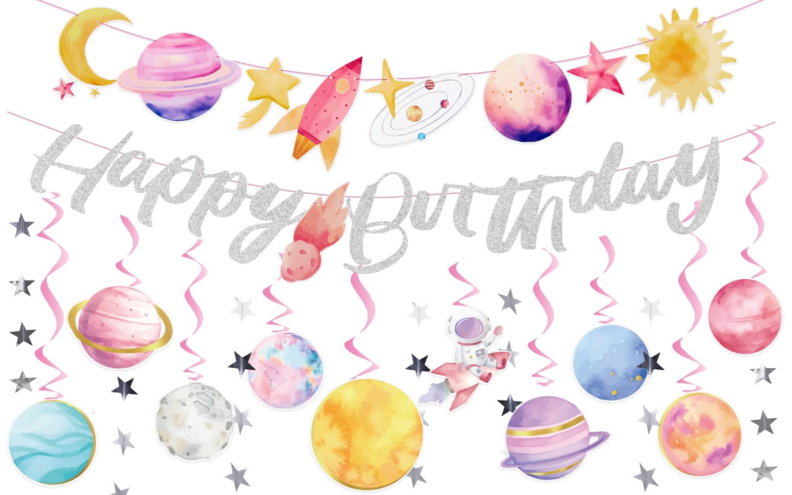 EASY JOY Weltraum Deko Happy Birthday Girlande 3D Papierdekoration Planet Spiralen Space Sonnensystem Astronauten Deko für Weltraum Kindergeburtstag Jungen und Mädchen Kinderzimmer Deko