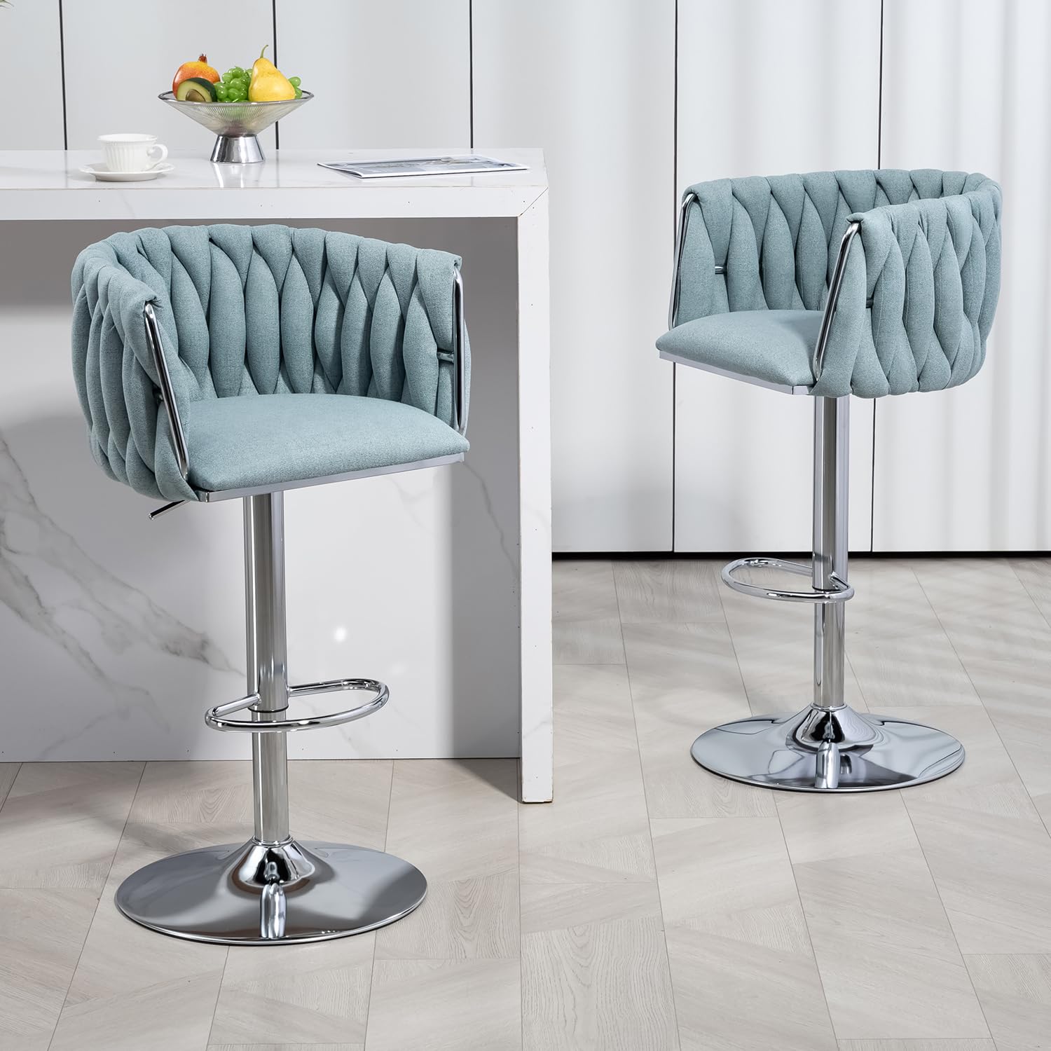 360° fabric cover swivel bar stools set of 2, adjustable counter height bar chairs with woven back & footrest, silver chromed bar stools for kitchen island, cafe, pub (blue)