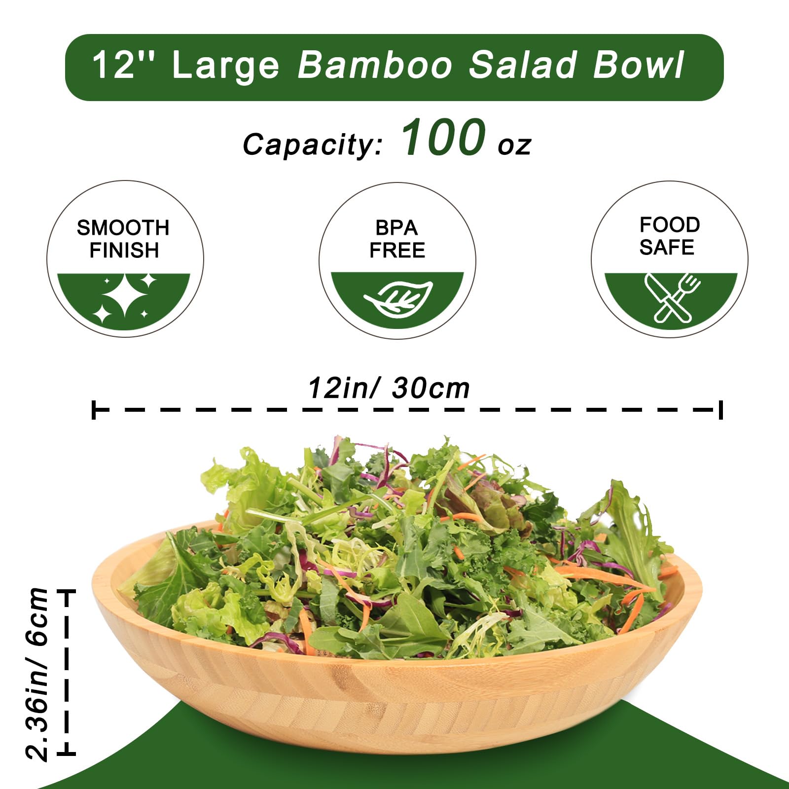 Ensaladera de bambú, cuenco grande de 12 pulgadas para encimera de cocina, cuenco grande de madera de bambú para aperitivos, postres, aperitivos, nueces, sopa, cuenco decorativo de granja para