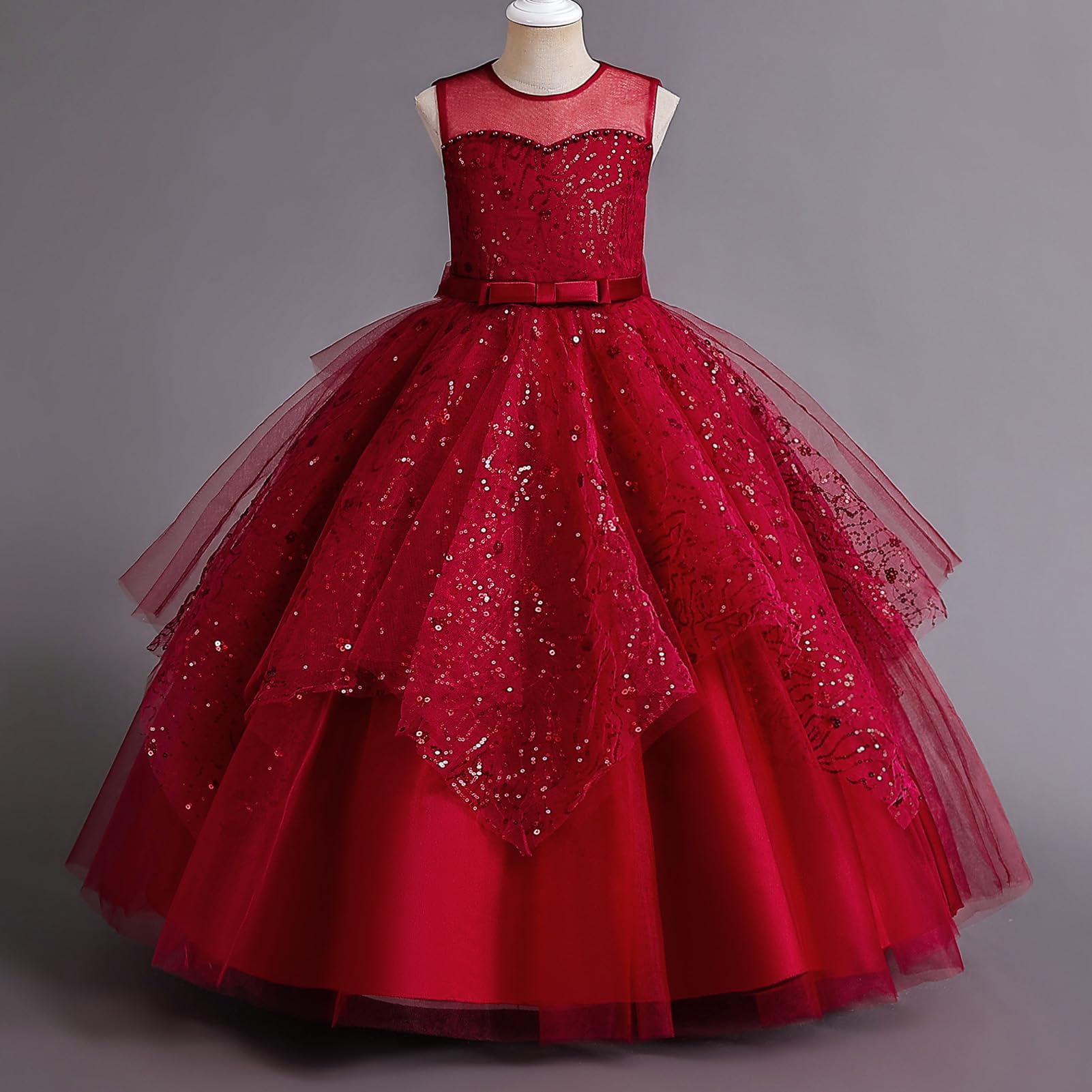 IBAKOM Blumenmädchenkleid Mädchen festlich für Fasching: Ärmellos Sommerkleid mit Schleife und Pailetten lang - Tüll Prinzessinkleid für Kinder 4-13 Jahre für Hochzeit