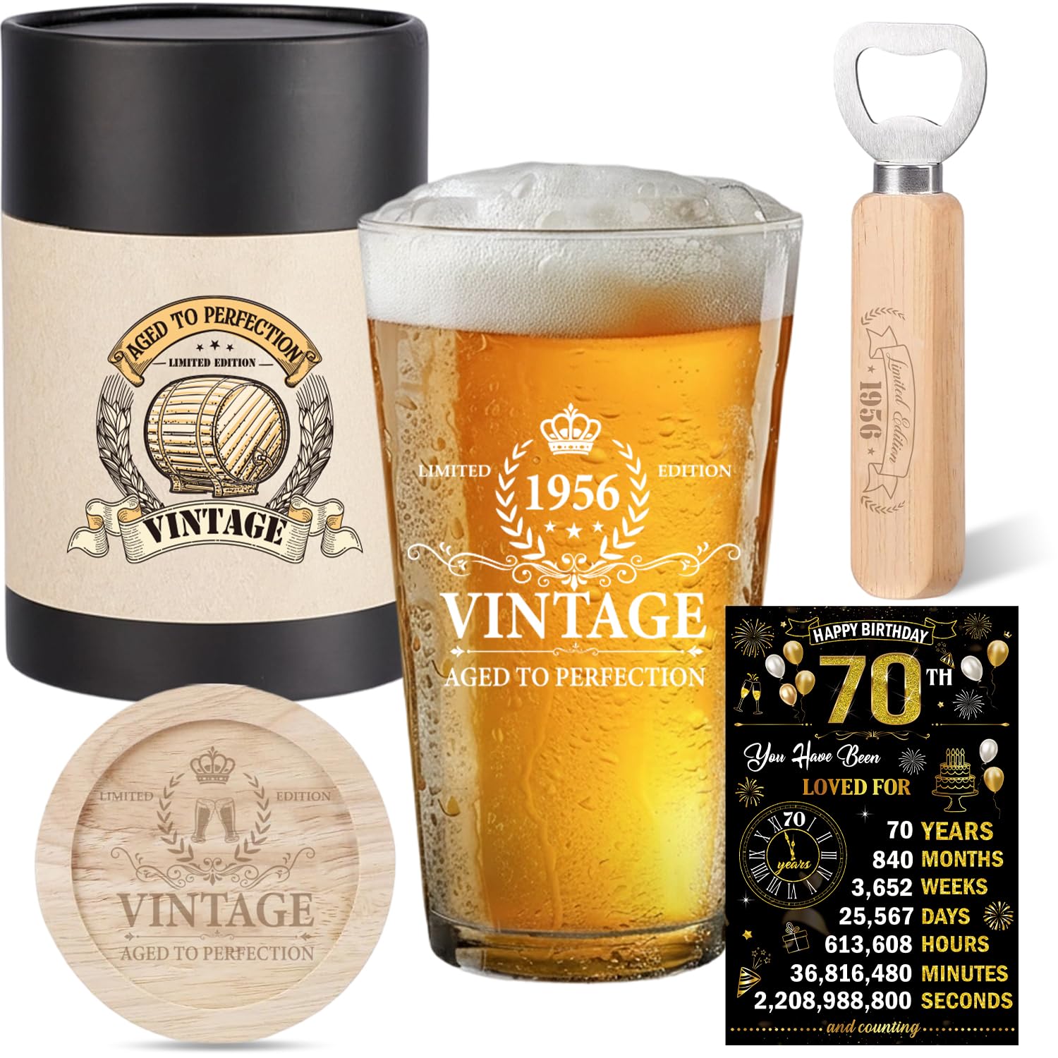 JoyAura 70th Birthday Gifts for Men - 1956 Born Vintage Beer Glasses Gifts Set with Bottle Opener, Wooden Coaster, Unusual 1956 Greeting Card and Gift Box for Mens Husband Dad Brother Colleague