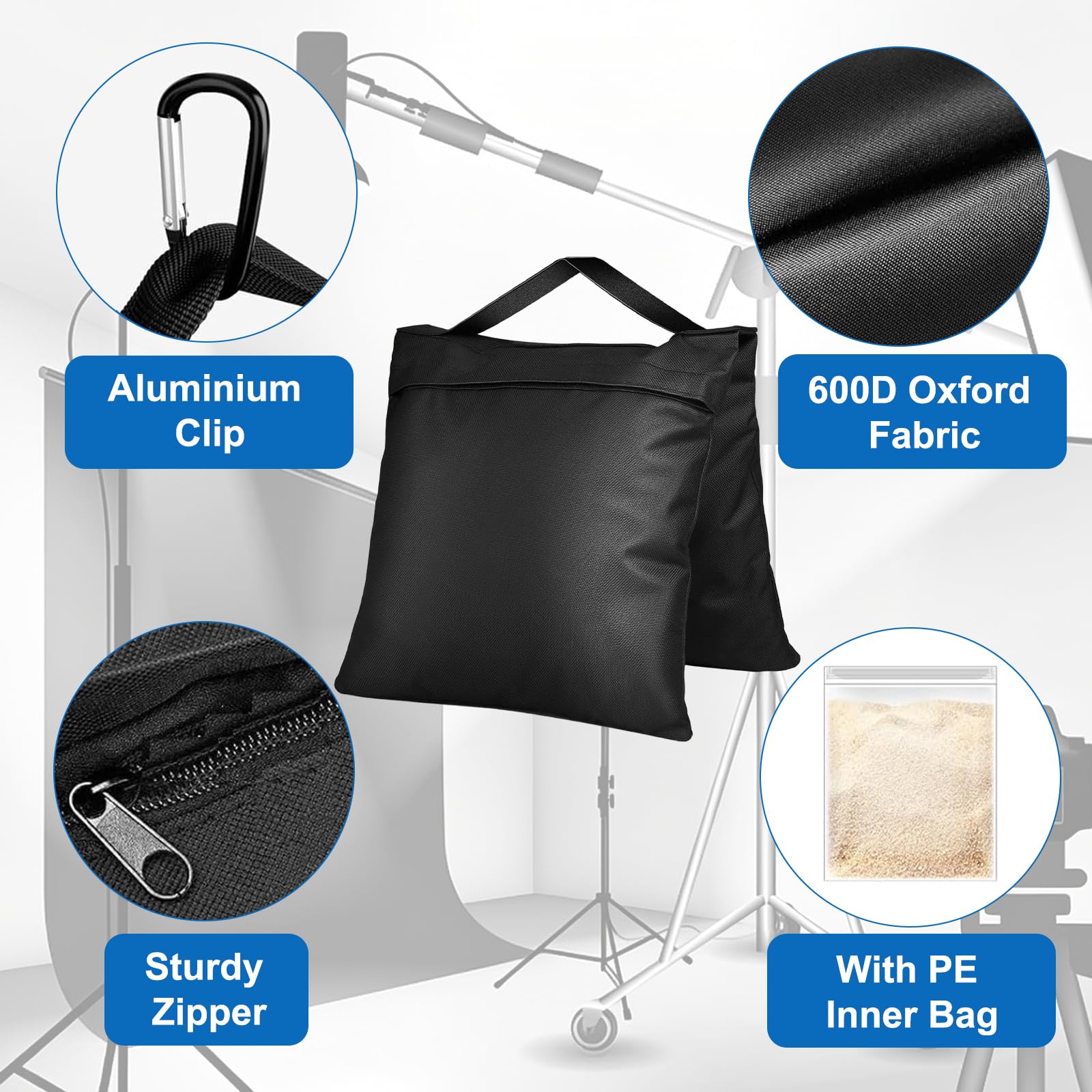 4 Stück Sandsäcke für Stativ Fotografie, 27 x 58 cm Sandbags, 600D wasserdichtem Oxford-Gewebe, Leere Gegengewichte zur Beschwerung für Lichtständer, Lampenstativ, Tripod, Fotostudio, Zelte