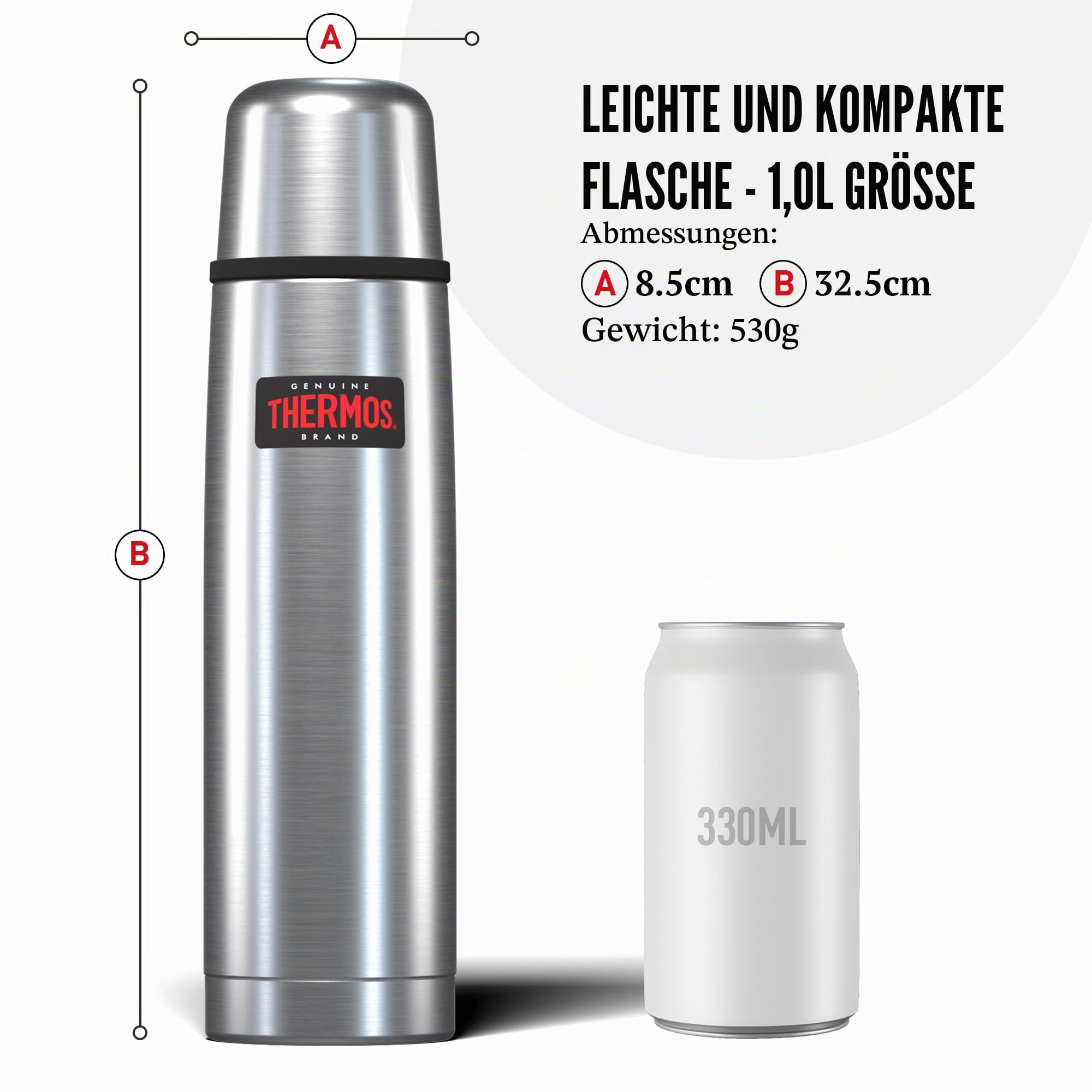 Thermos Edelstahl-Thermosflasche 1,0 l, leicht und kompakt