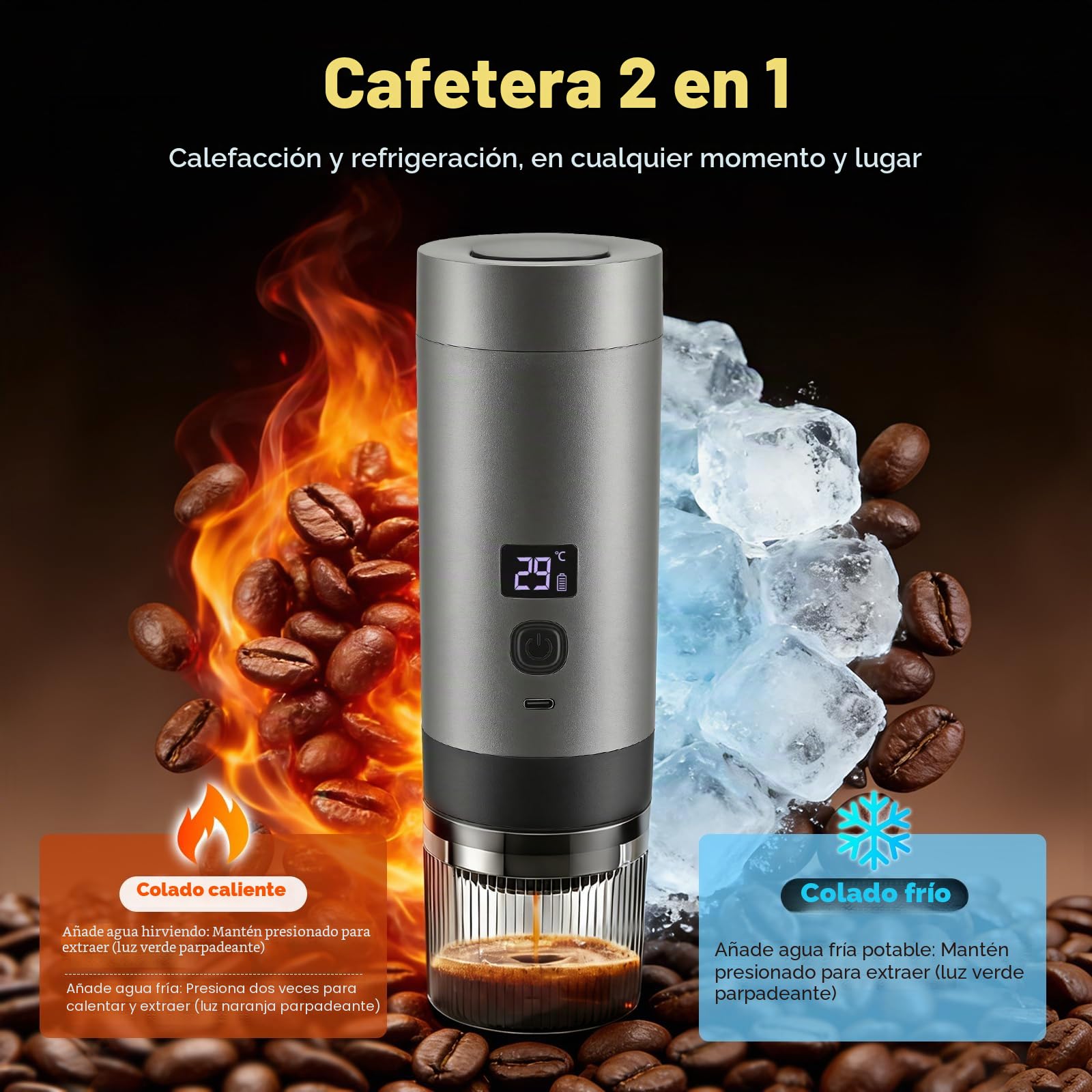 Máquina de café expreso 3 en 1 portátil con batería, 20 bar, extracción fría/caliente, compatible con cápsulas y café molido, 7800 mAh USB-C, mini cafetera para camping, coche, oficina y viajes