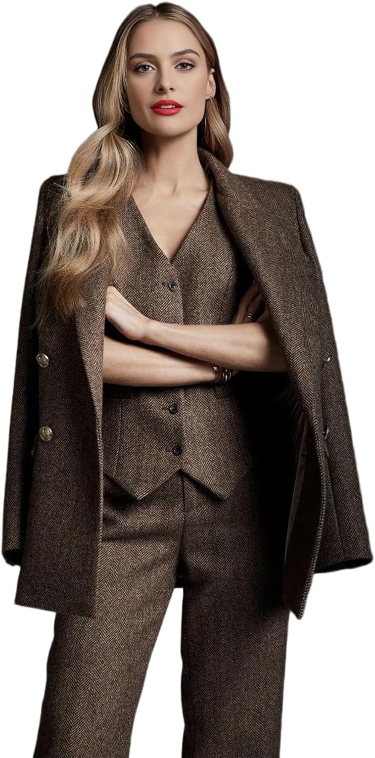 Vintage Womens Suit 3 Piece Herringbone Tweed Suits for Wedding Business Casual Office Work Outfits Blazer Vest Pants