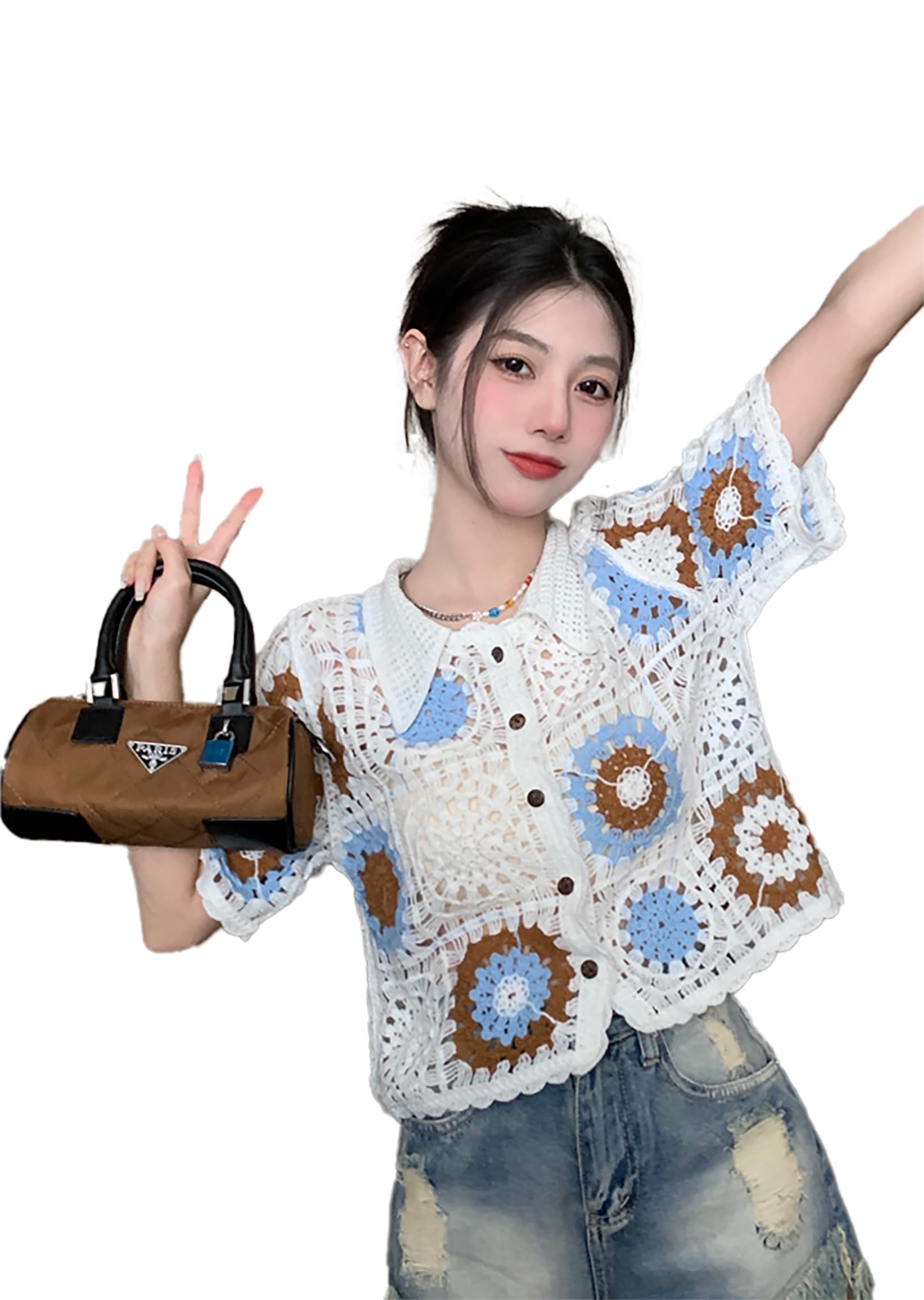 icw Women's Boho Knitted Collar Crochet Hollow Out Short-Sleeve Button Up Crop Top Shirt DN788-picture-55