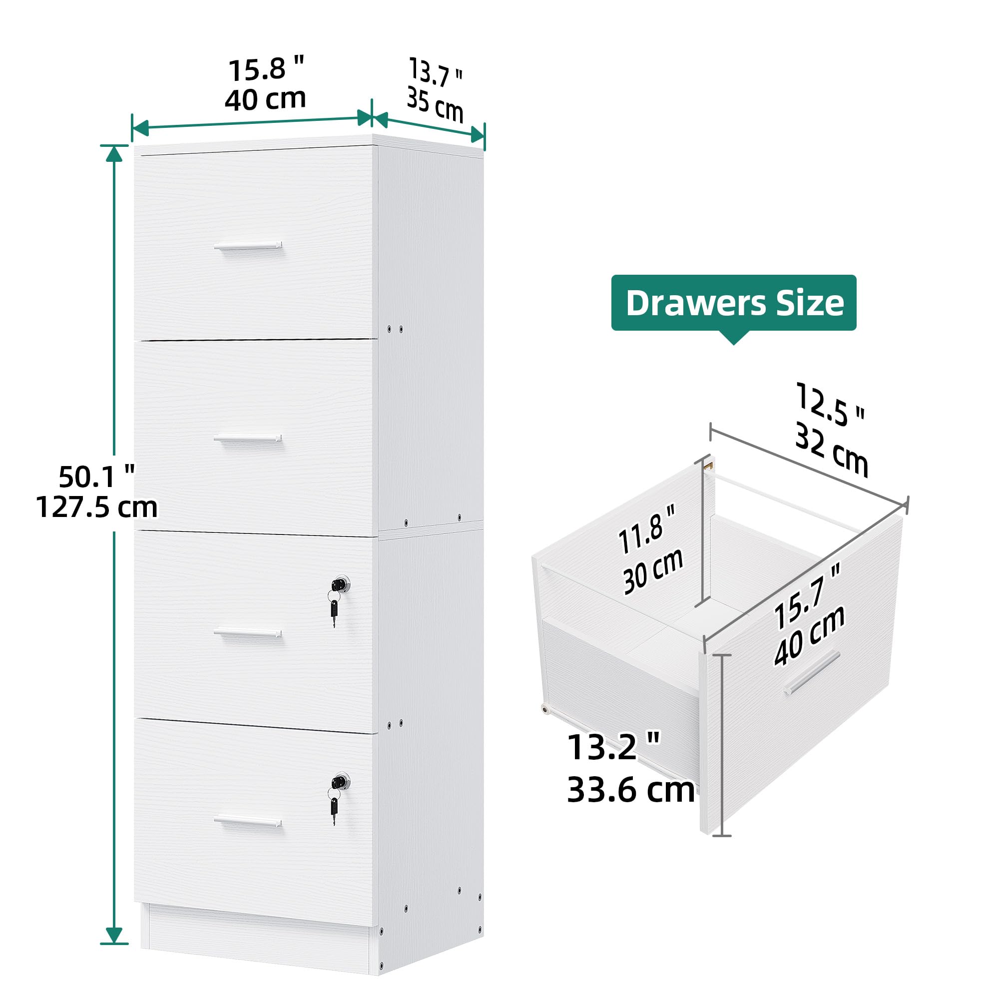 YITAHOME Aktenschrank mit 4 Schubladen, Aktenschrank Abschließbar, 127.5cm hoch Vertikaler Büroschrank für Aktenordner in A4-Größe (weiß)