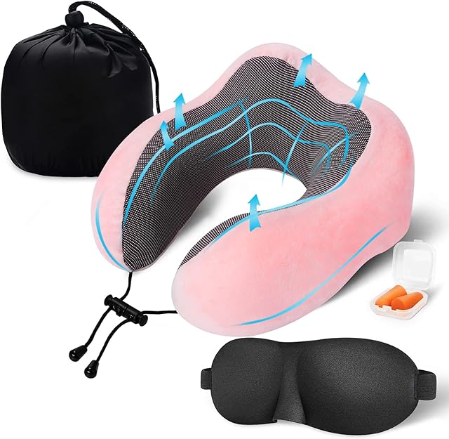 Findigit Travel Neck Pillow 100% Pure Memory Foam Pillow, Airplanes & Car Sleep Neck, Comfortable & Breathable Cover, Machine Washable(Pink2)