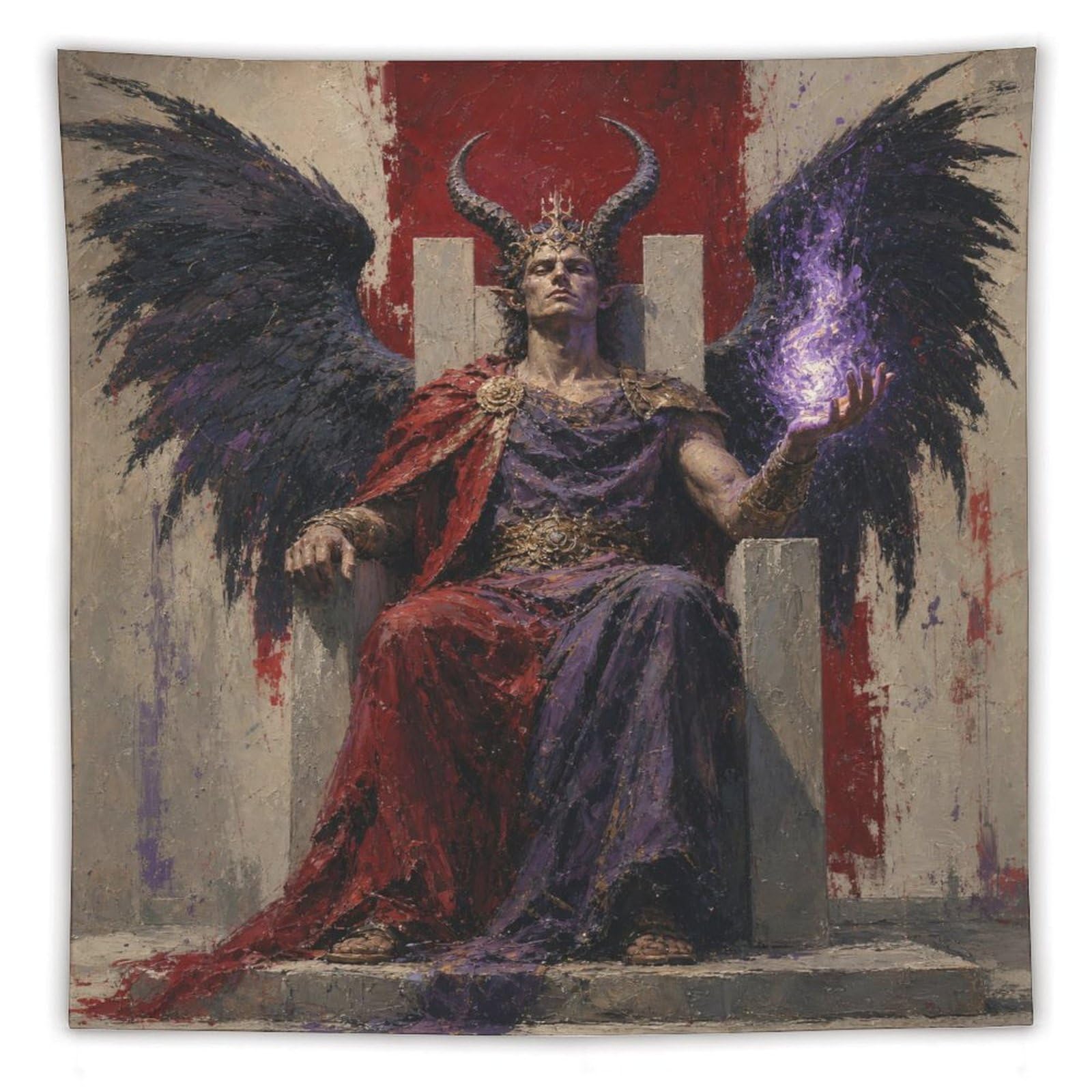 W7C8U2X3 Dark Winged King on Throne Wall Tapestry, Gothic Fantasy