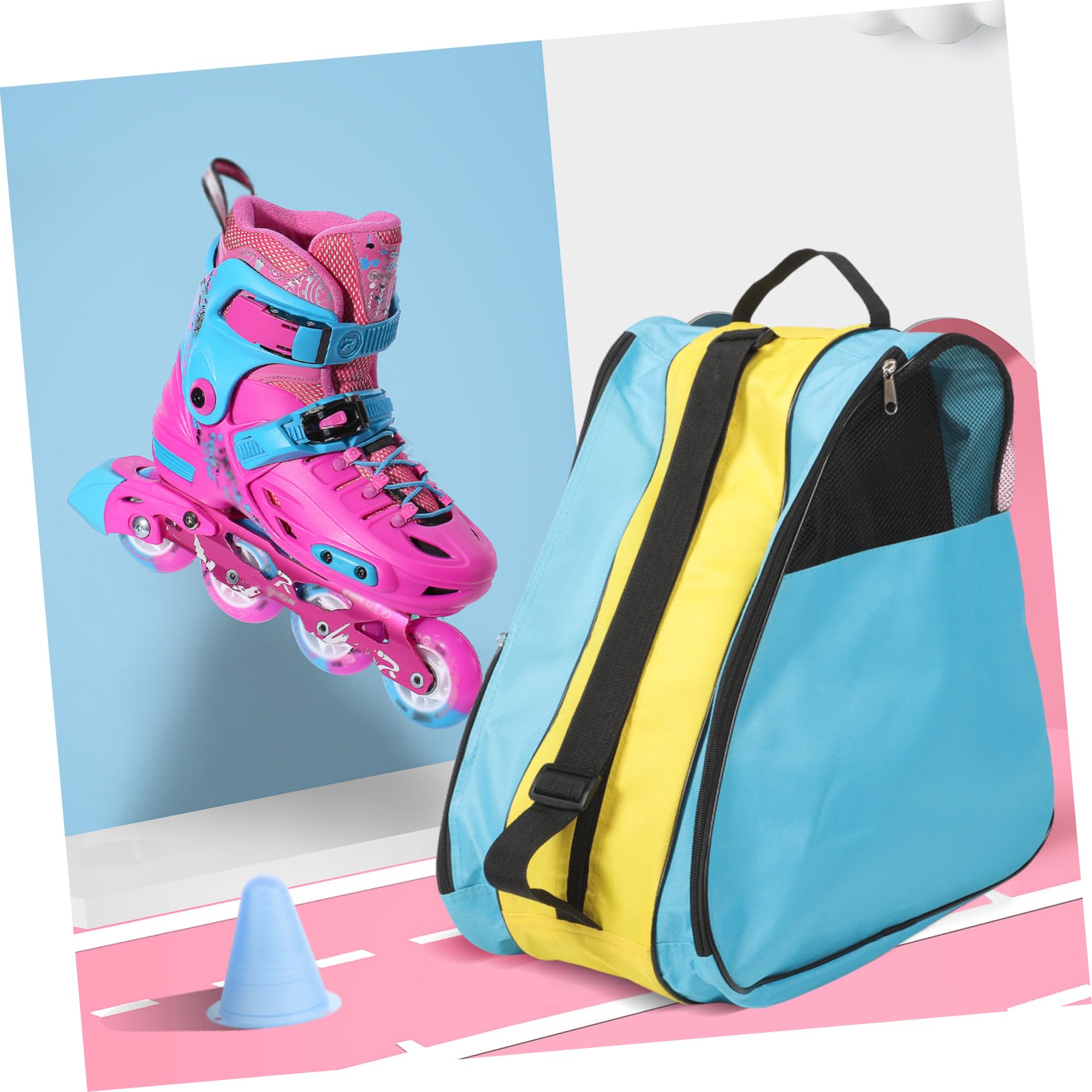 TOYANDONA Borsa Zaino per Pattini a Rotelle in Nylon, Blu Giallo | Custodia per Scarpe da Pattini, Borsa da Pattinaggio, per Conservazione e Trasporto Comodo