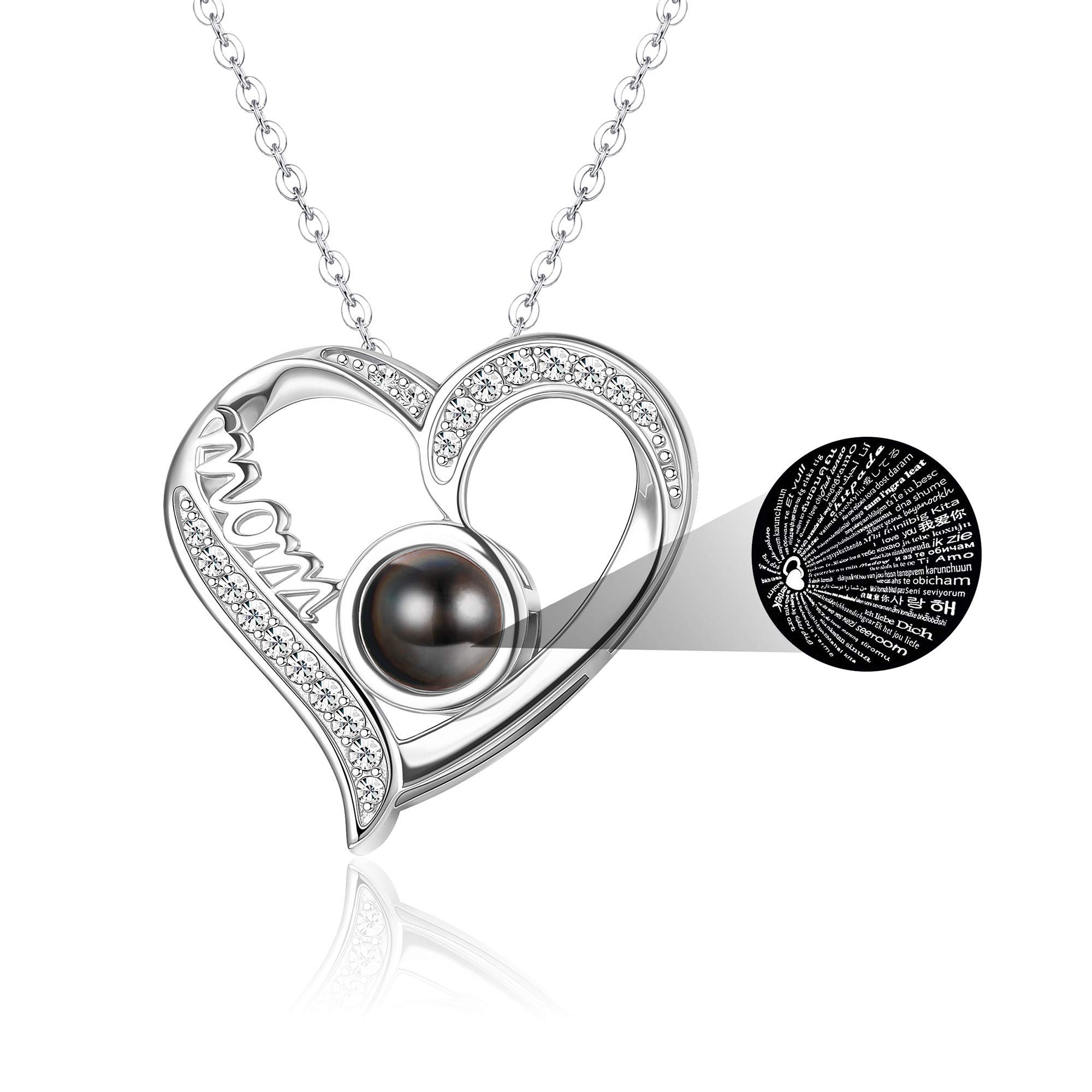 Sllaiss 925 Sterling Silver I Love You Mom Heart Necklace 100 Languages Set with Austria Zirconia Birthday, Mother's Day Gifts for Mother with Box