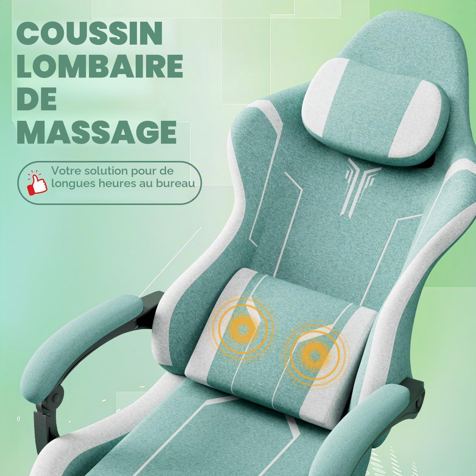 Chaise de Gaming Ergonomique avec Fonction Massage, Repose-Pieds, Oreiller Amovible, accoudoirs intégrés, Charge maximale : 110 kg, Chaise PC, pour Bureau et Maison, Verte
