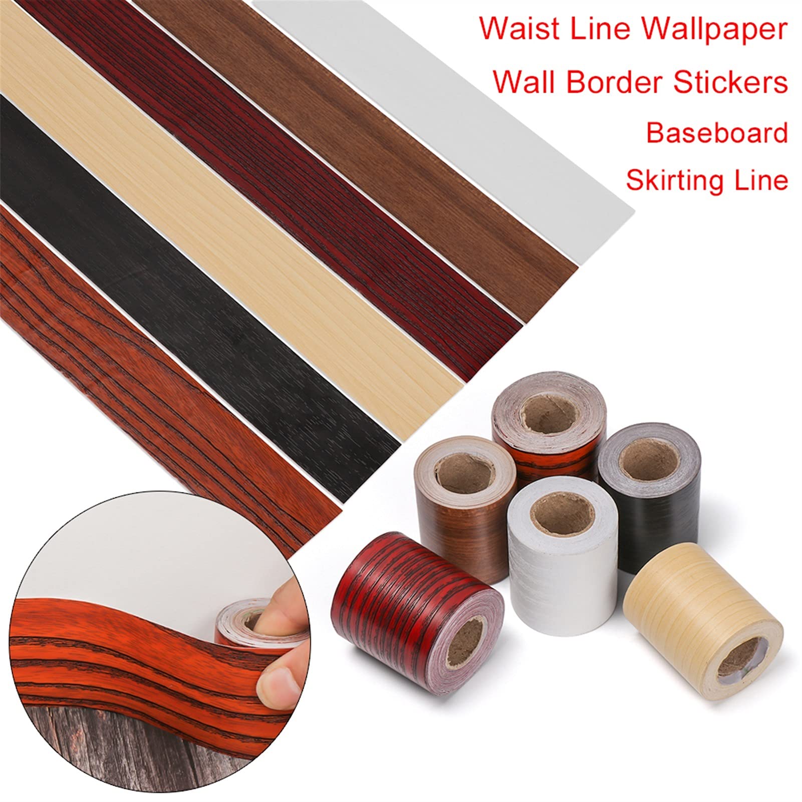 Obramowania do tapet samoprzylepne, 1PC samoprzylepna tapeta z drewna słojowego z linią talii PVC na ścianę i listwę przypodłogową(Beige,12cm x 5m)