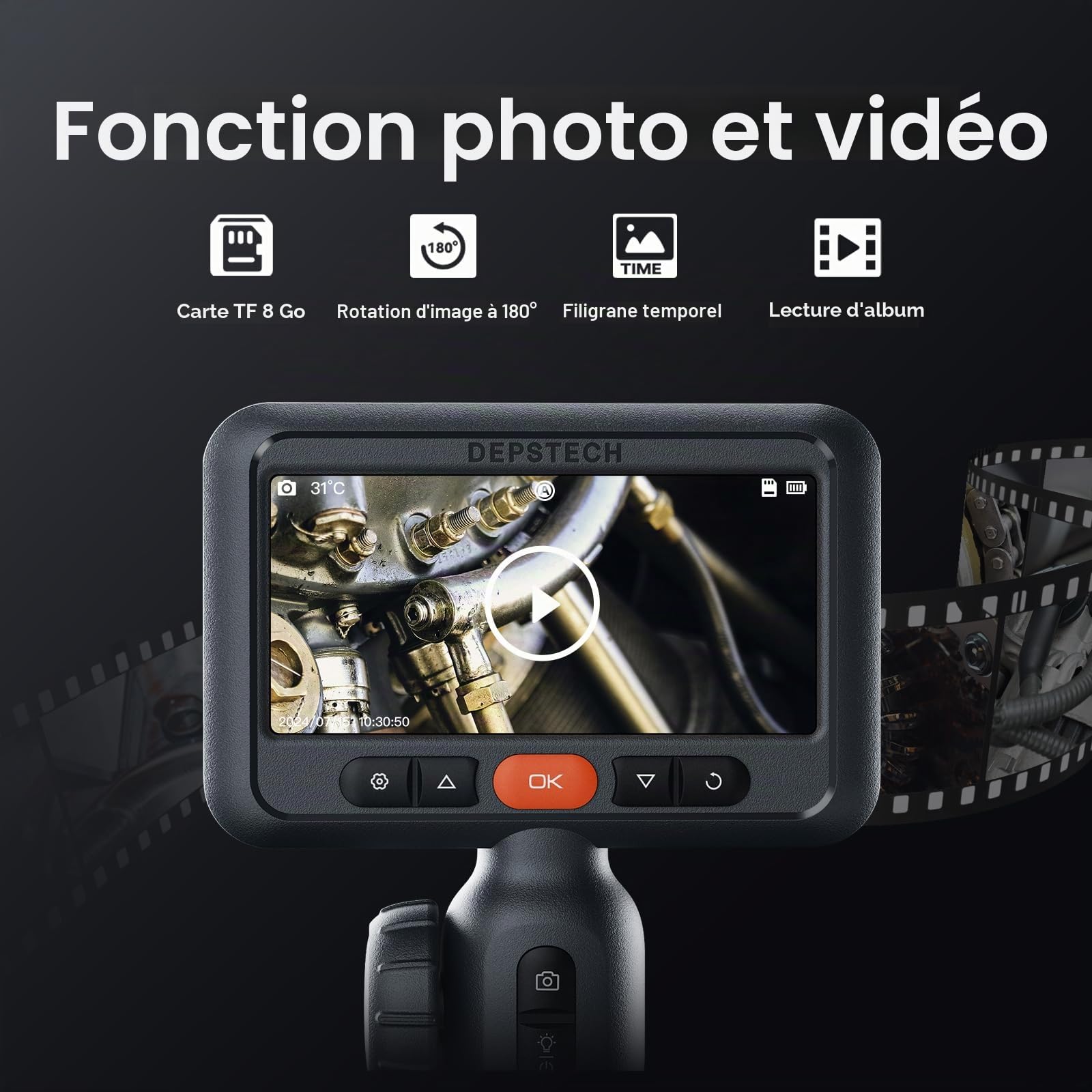 DEPSTECH Endoscope à Double Objectif avec Articulation bidirectionnelle à 210°, caméra endoscopique Industrielle avec éclairage, sonde de 8 mm, Tube Serpent Flexible étanche 3 m, Outil de caméra