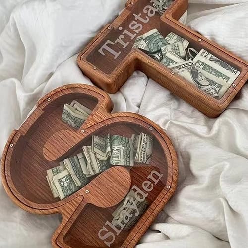 Miniatura 7 de Alcancía para niños y niñas, hucha grande de 26 letras del alfabeto inglés, de madera personalizada, caja de ahorro de dinero personalizada, nombre