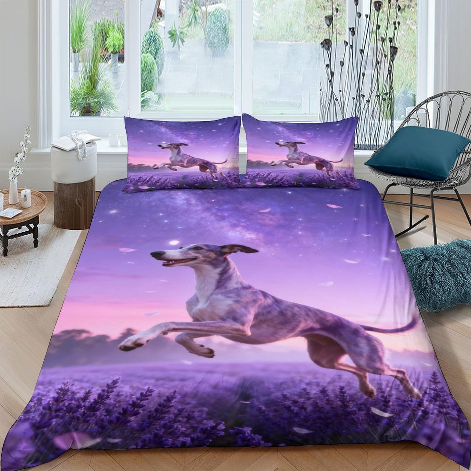EMYXPAQM Whippet Duvet Cover Set 3D Lavender Field Print Bedding Sets Soft Microfiber Duvet Cover with Hidden Zipper & Pillowcase for Kids Adults King（220x240cm）
