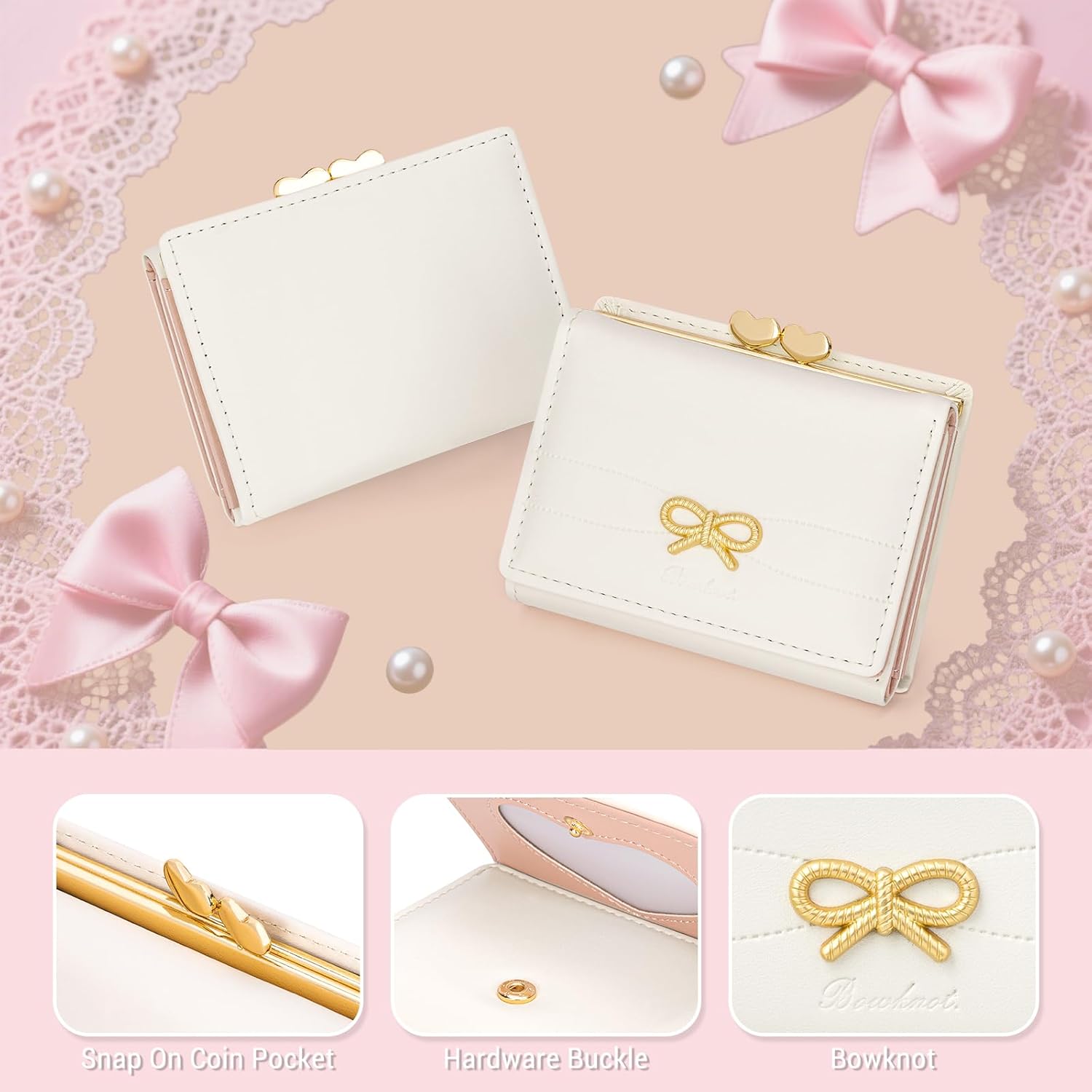 YINHEXI Cute Coquette Bow Wallet for Women Small RFID Blocking Trifold PU Leather Card Holder with ID Window & Aesthetic Design (Bow White) - Image 5
