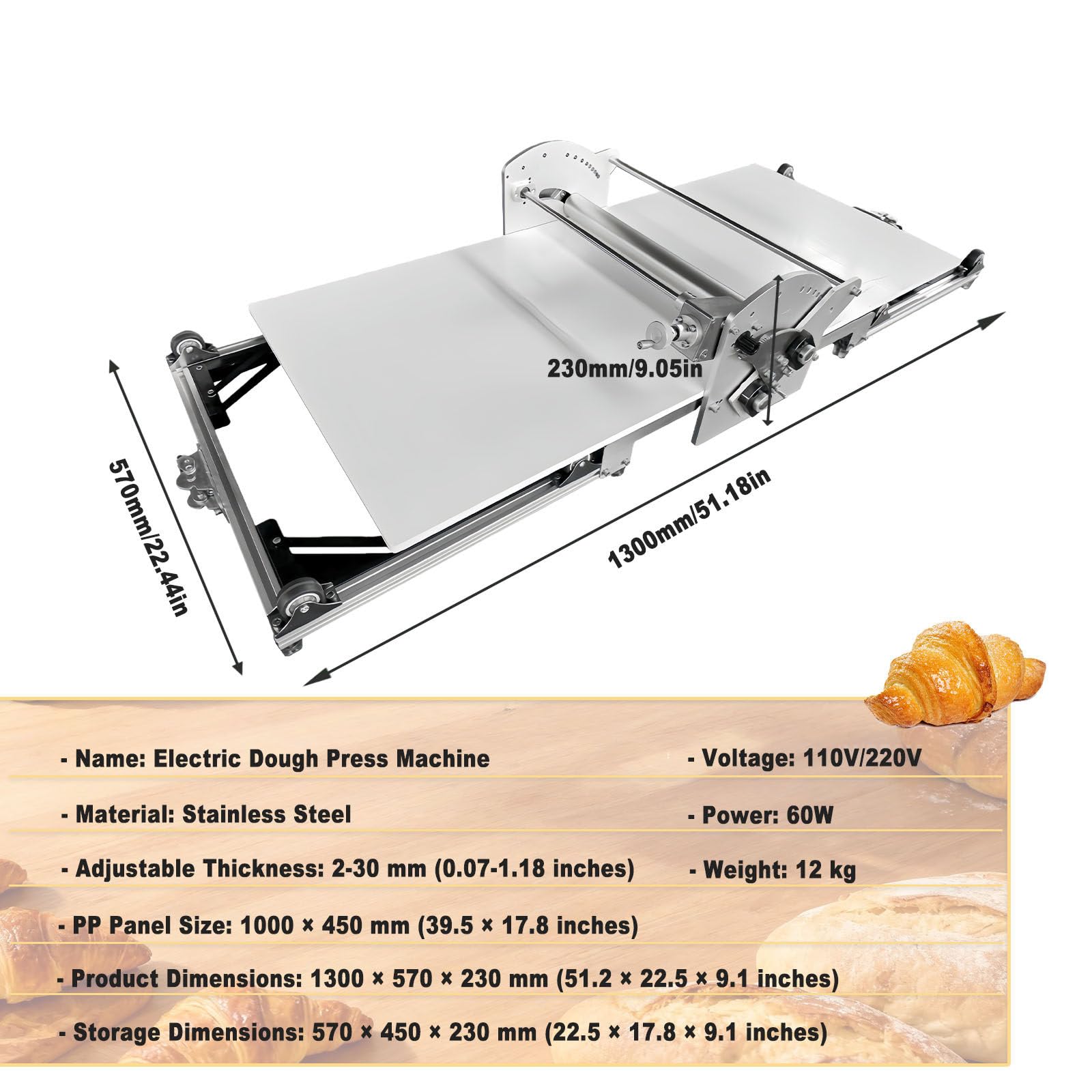 Sfogliatrice Automatica per Pasta Sfoglia, Sfogliatrice Pieghevole per Panetteria/Pizza/Croissant/Pasta Fondente, Acciaio Inossidabile + Spessore Regolabile 2-30 Mm + Impasto Reversibile
