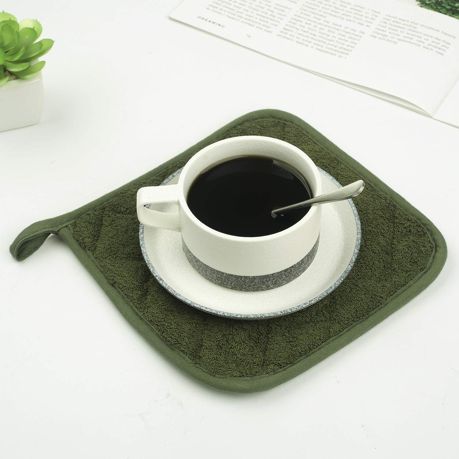 Pot Holders for Kitchen, 100% Cotton Terry Pot Holder Set of 5, Heat Resistant Hot Pads for Cooking, Baking, Hot Dishes and Countertop Protection, Olive Green