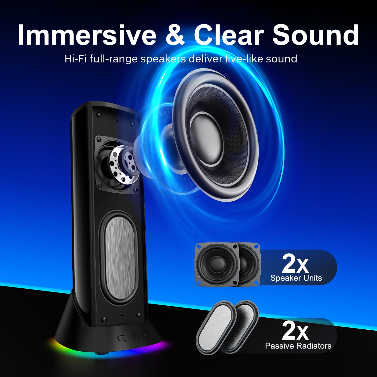 Nylavee Altoparlanti per computer – Altoparlanti stereo Hi-Fi per PC con 9 modalità di illuminazione LED, bassi e suoni migliorati, alimentati tramite USB/Type-C e altoparlanti da tavolo cablati audio