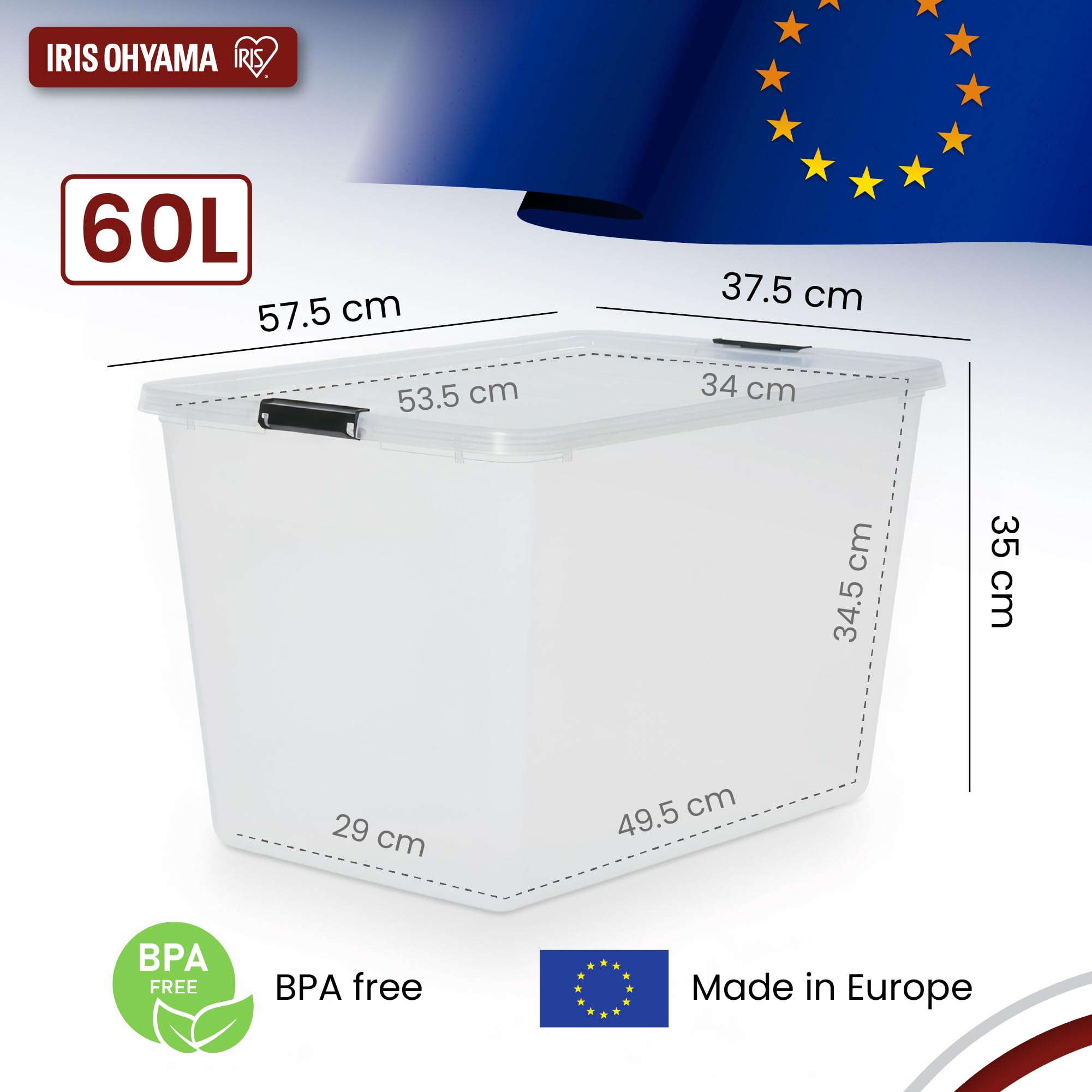 Iris Ohyama Aufbewahrungsboxen mit Deckel, 60L, 4er-Set, Silber, Sicherer Verschluss, Stapelbar, Griffe, für Schlafzimmer, Schrank, Büro, Organisation, BPA-freies Plastik, Ordnungsboxen, FTB-60