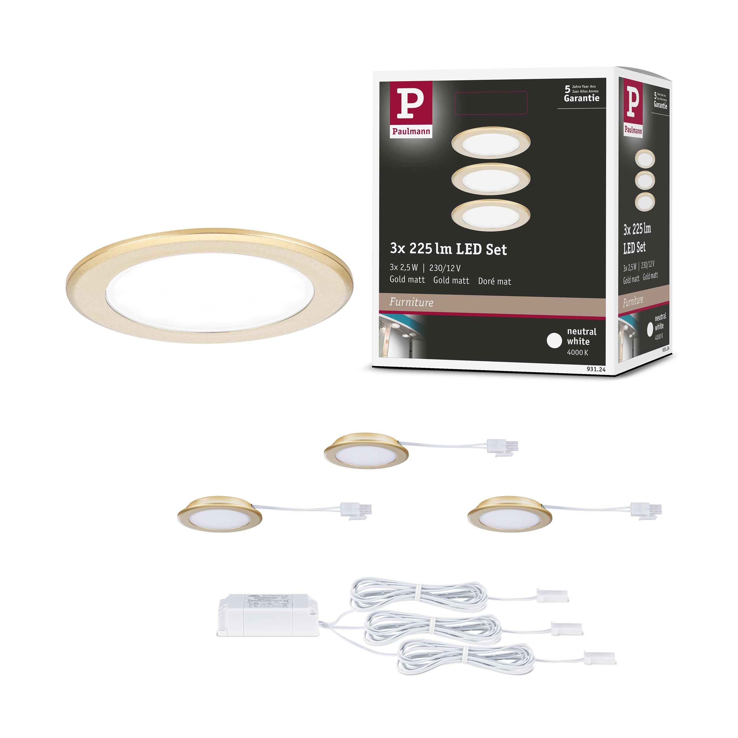Paulmann 93124 Encastrés meubles LED kit de 3 65 mm 3x2,5W 3x180lm 230/12V 4000 K Doré mat