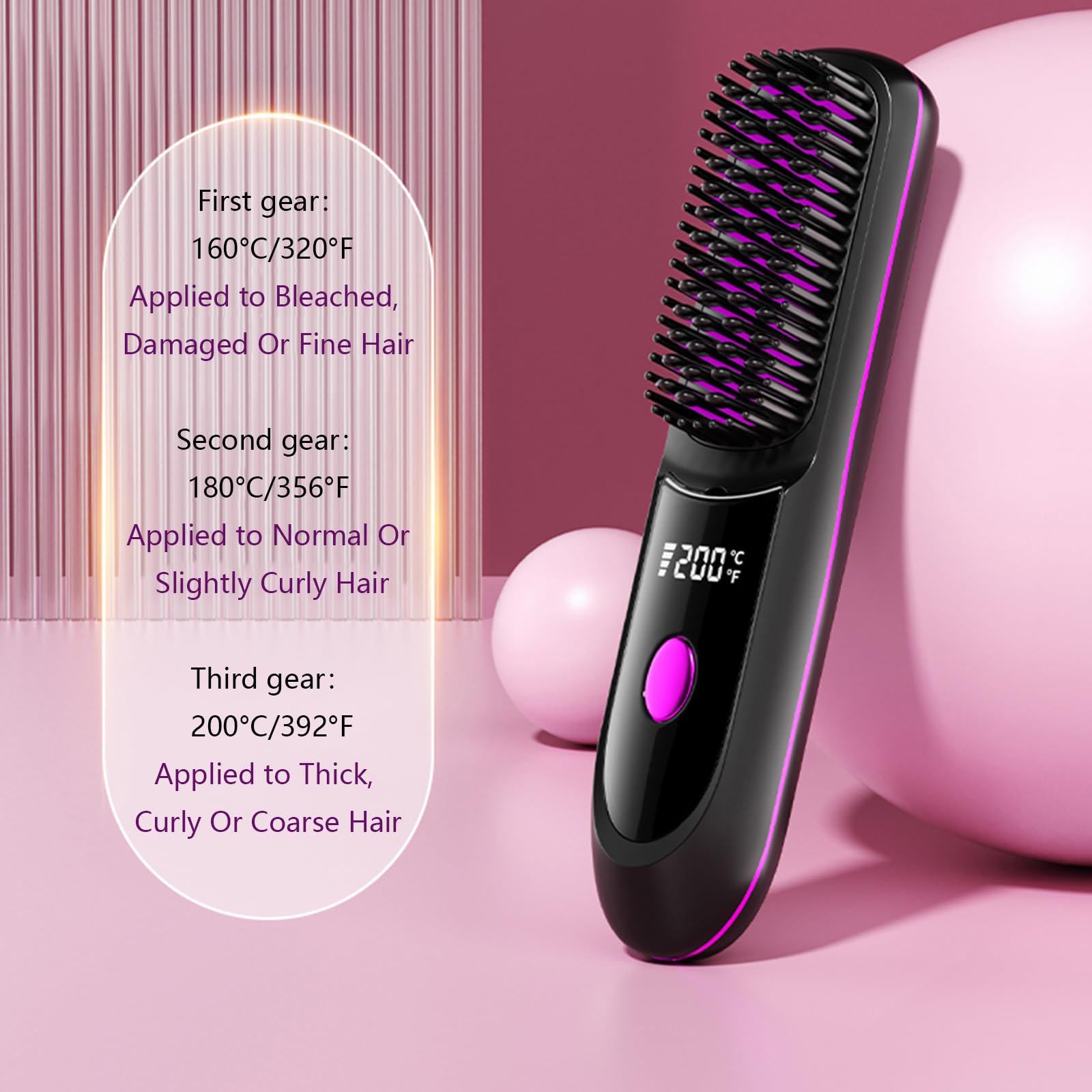 Go Brush Pro Fer à lisser – Peigne sans fil avec ion négatif, chauffage rapide 6000 mAh et design de voyage portable, brosse rechargeable pour lisser et boucler (violet, 1 pièce)
