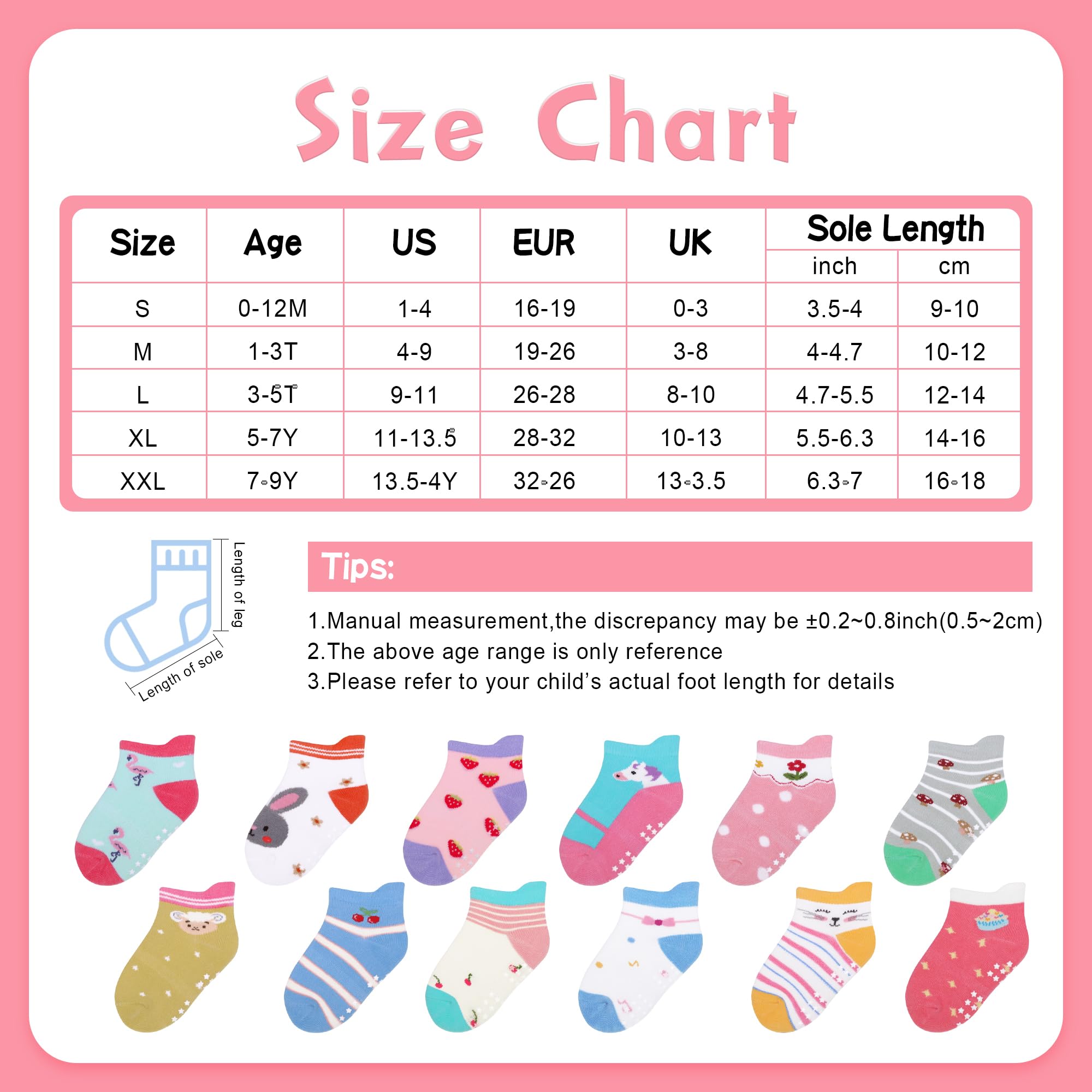 Confezione da 12 calzini da bambino antiscivolo con impugnature 1-7 anni multi colori, regalo per bambini e bambine