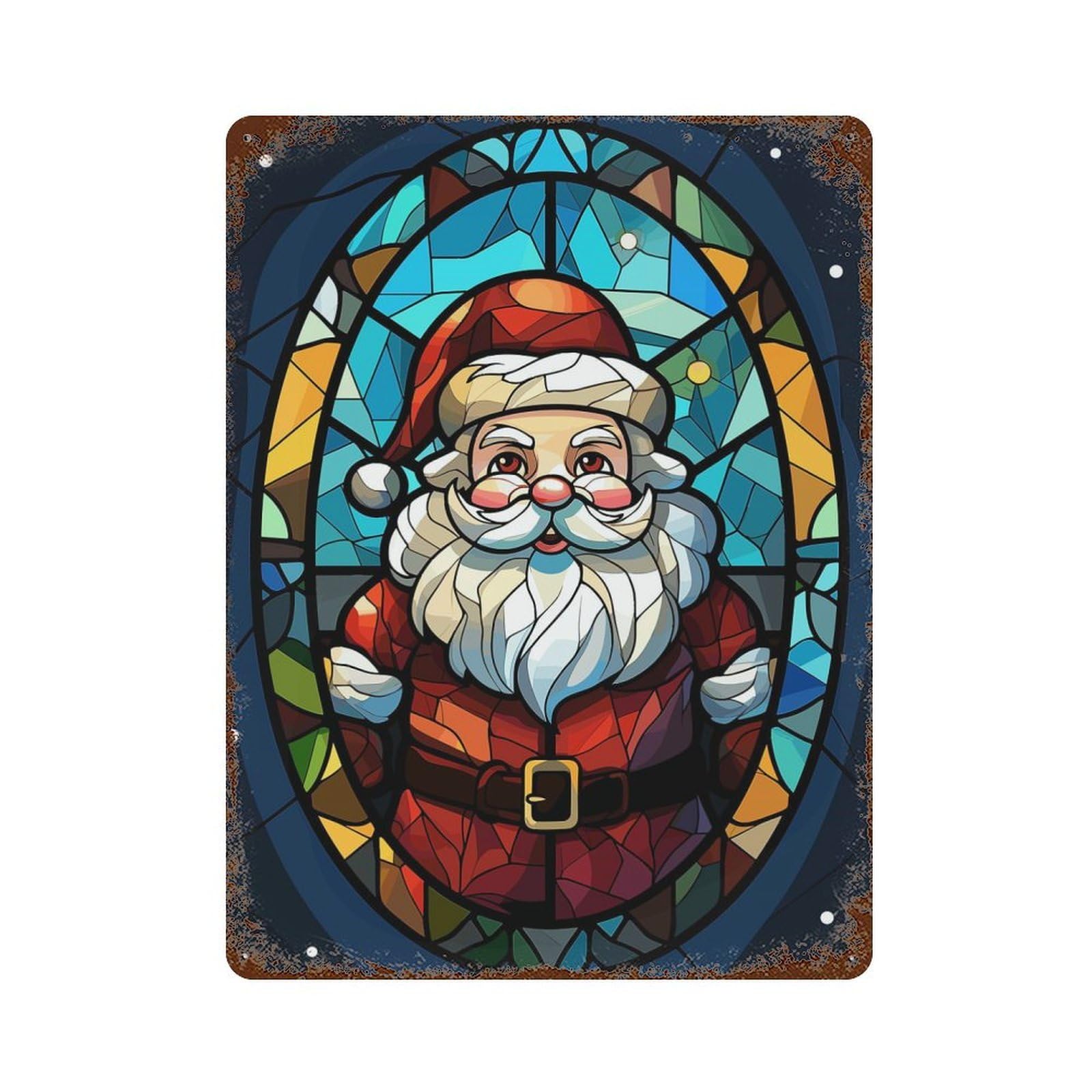 Santa Claus Stained Glass Rusty Metal Tin Sign 15.7"x11.8", Industrial Home Decor for Garage, Pub Or Kitchen