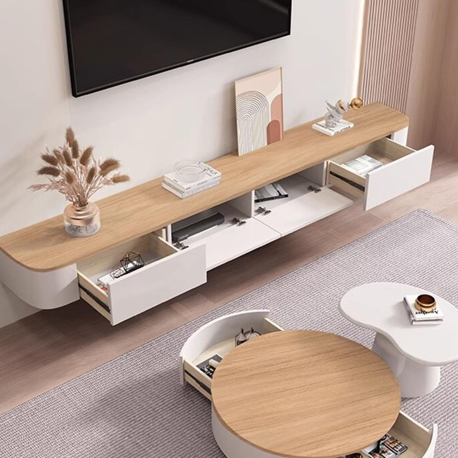 Nowoczesna ścienna pływająca szafka pod telewizor, 300 cm (118,1 cala), drewniana konsola z Ders, oszczędzająca miejsce konstrukcja do salonu, elegancka i funkcjonalna rozrywka sto.