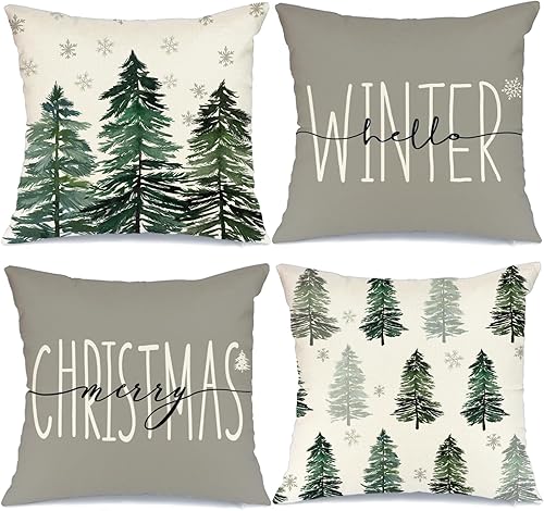 AACORS Juego de 4 fundas de almohada de Navidad de 20 x 20 pulgadas, color gris, con diseño de árbol de Navidad, nieve, hola invierno, fundas disponible en Yaxa El Salvador