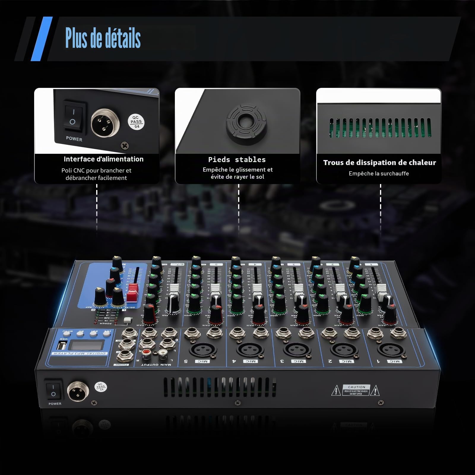 Table de mixage 7 canaux, table de mixage, enregistreur audio et USB, entrée micro 2, port USB, pour microphones, guitares, basses, claviers, mixeurs, instruments, etc