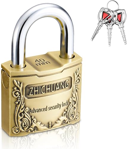 Miniatura 1 de Candado de cobre de estilo antiguo con 3 llaves, cerradura de seguridad resistente de 1.575 pulgadas, diseño vintage, duradero y resistente a la